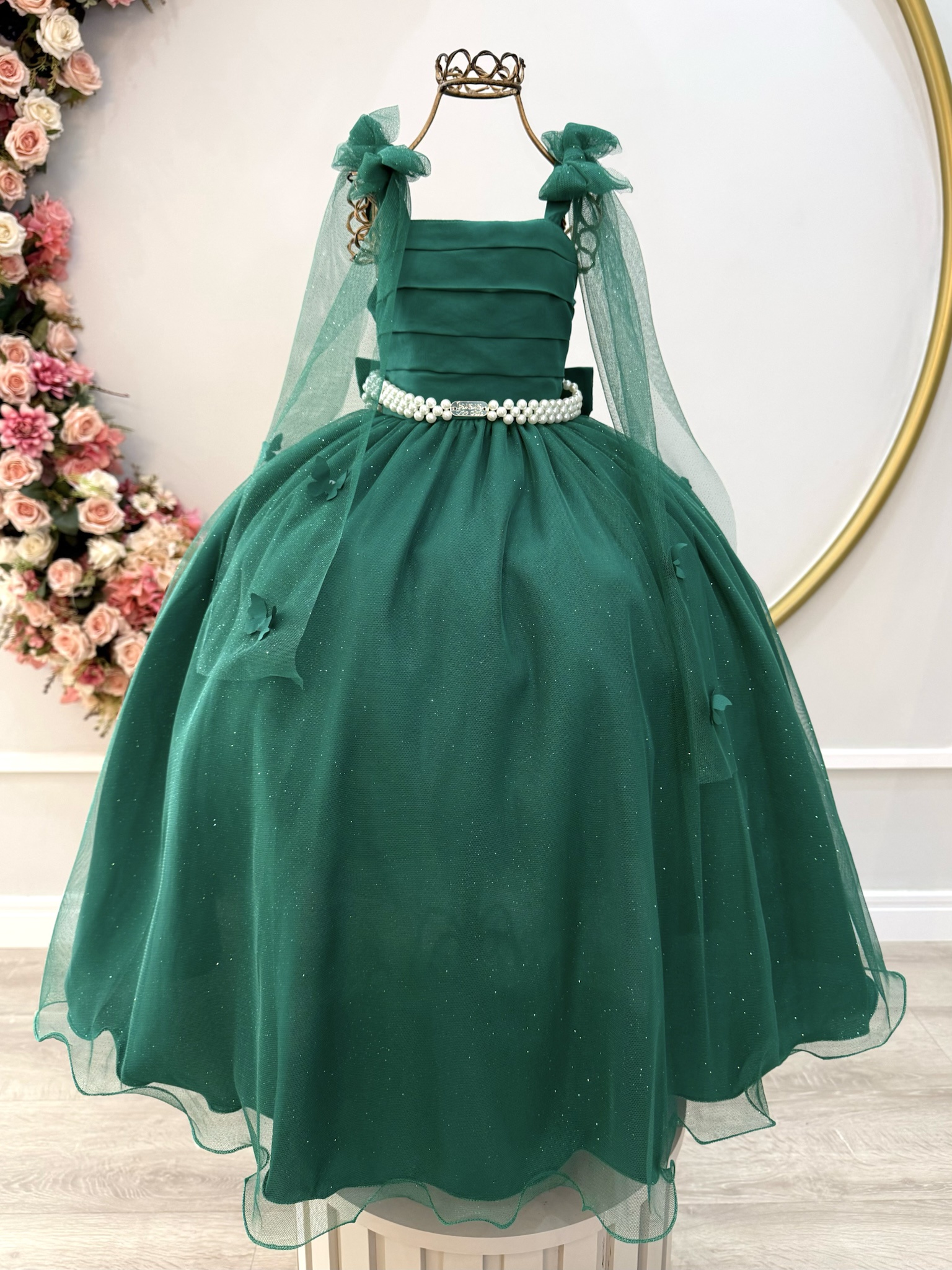 Vestido Infantil Longo Verde C/ Aplique de Borboletas Festas