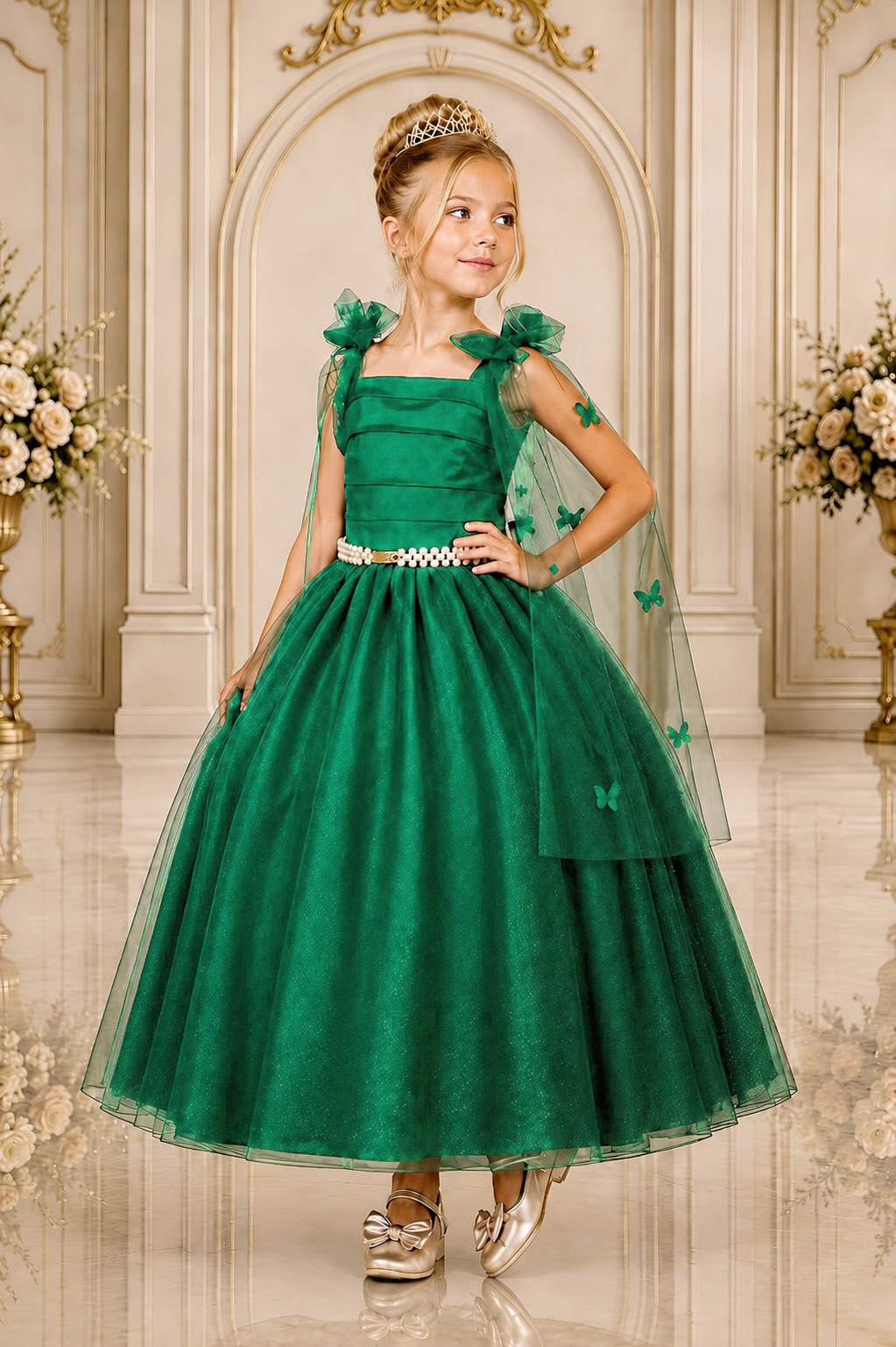 Vestido Infantil Longo Verde C/ Aplique de Borboletas Festas