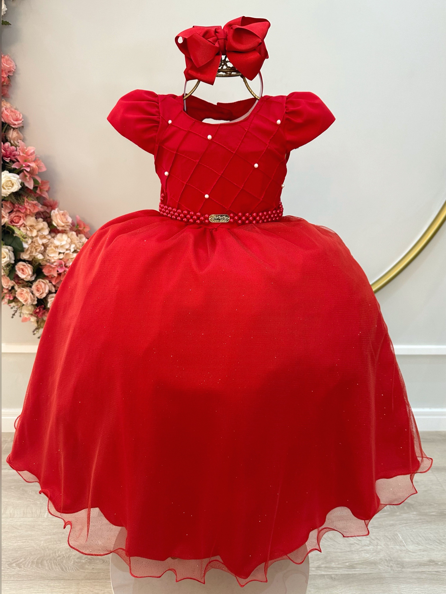 Vestido Infantil Longo Vermelho Busto Nervura Festas Daminha