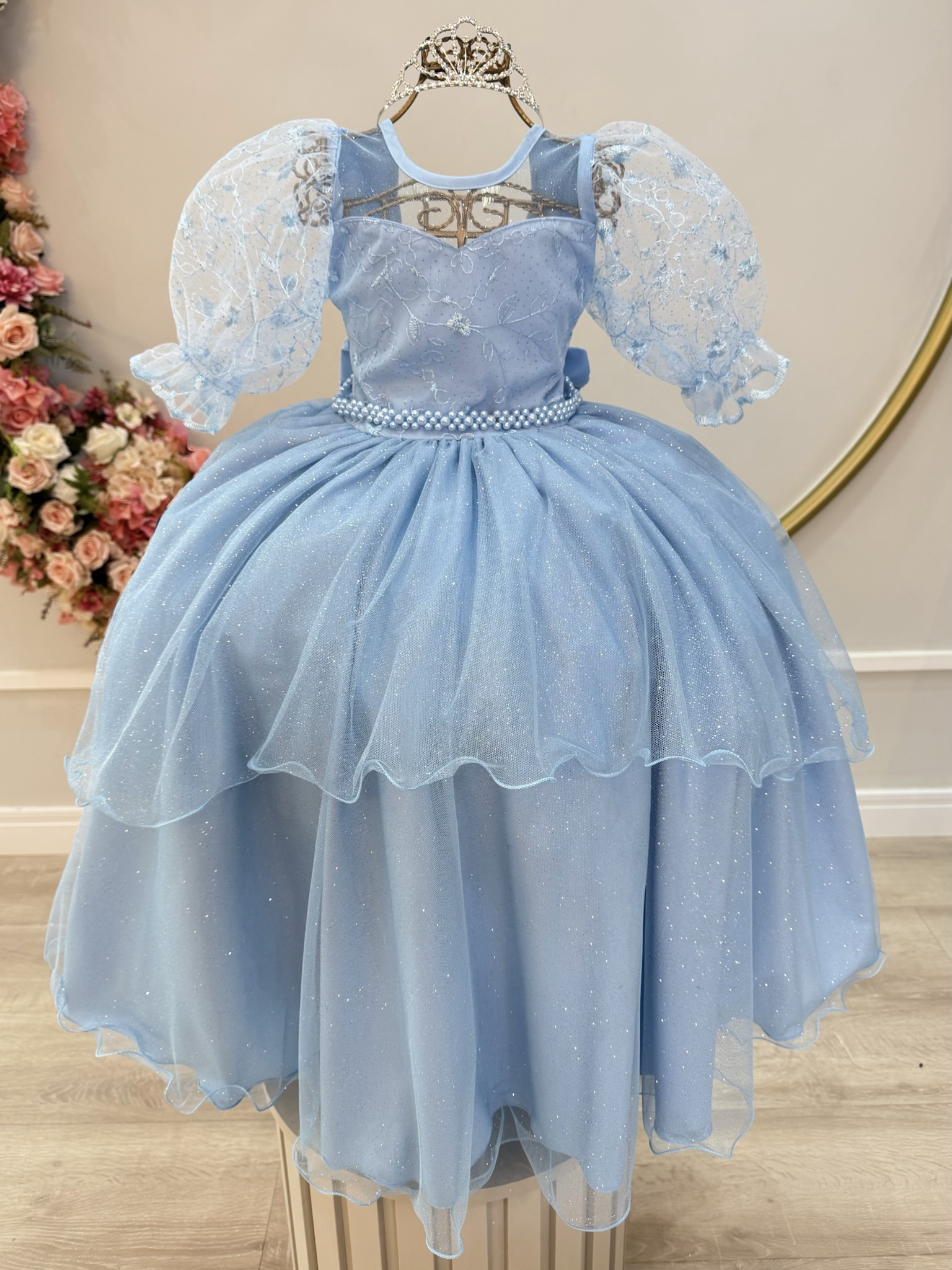 Vestido Infantil Azul Busto C/ Renda Daminhas Festas Luxo