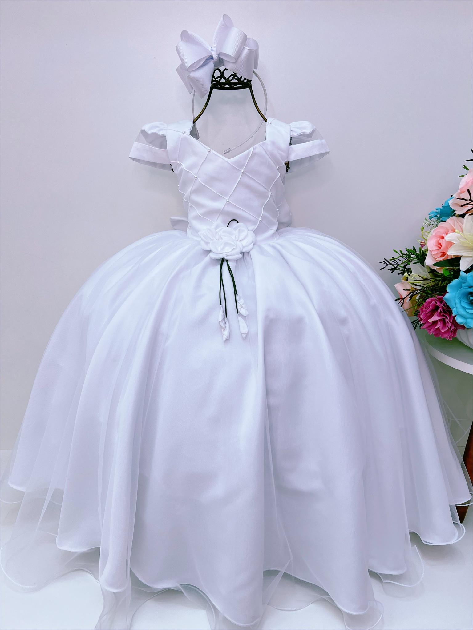 Vestido Infantil Branco Peito Nervura Broche Flor Luxo