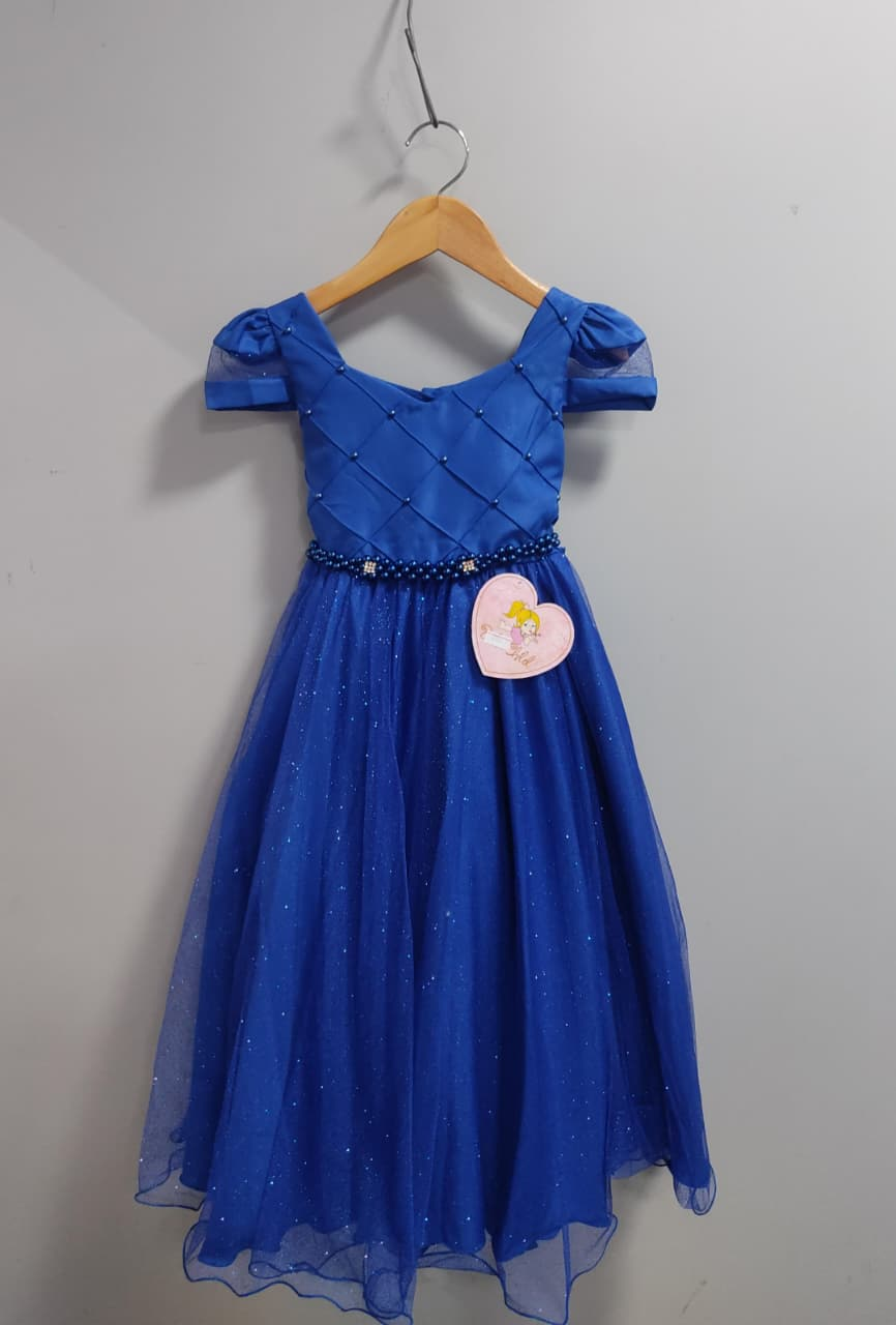 Vestido Infantil Longo Azul Royal C/ Busto Nervura Damas