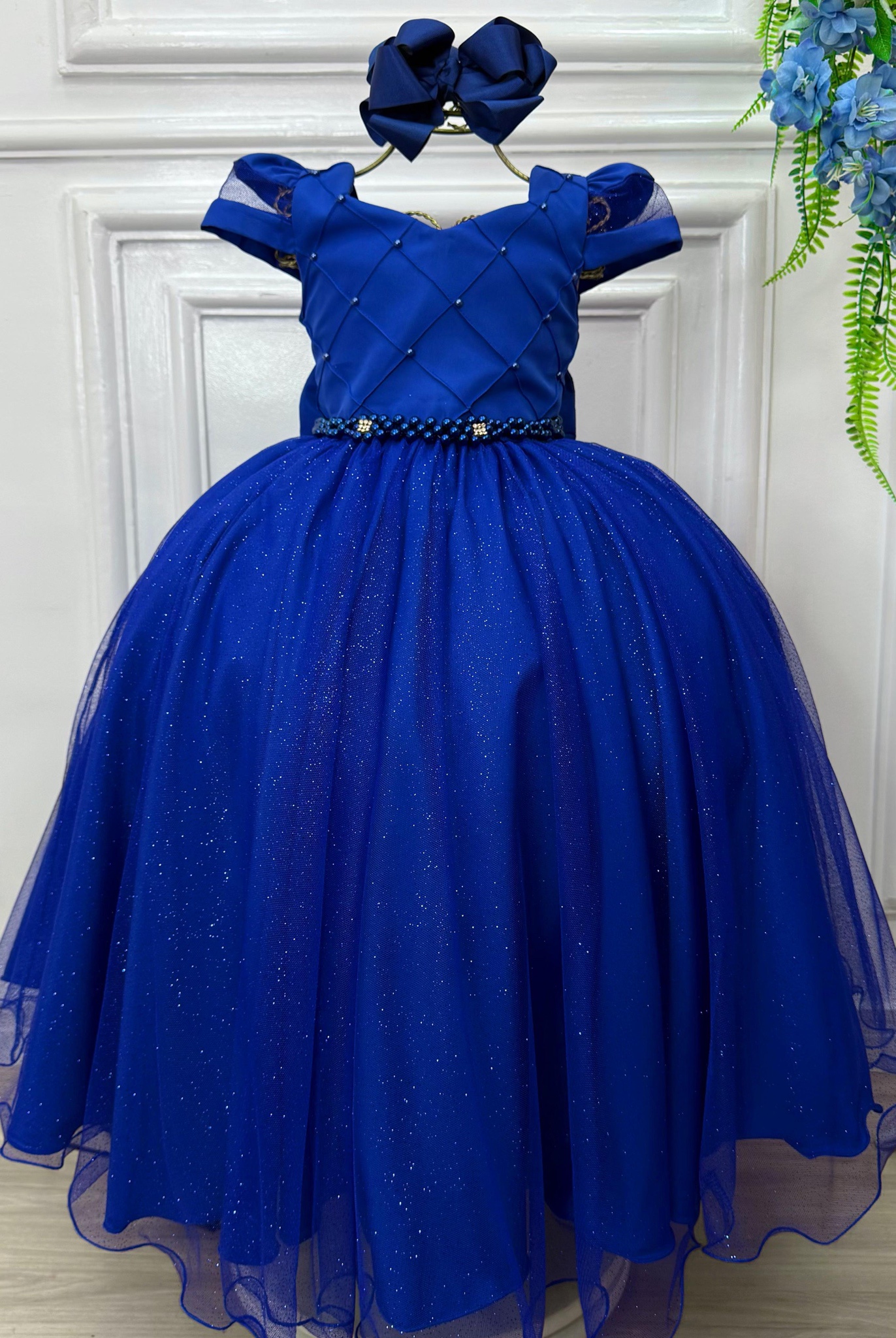Vestido Infantil Longo Azul Royal C/ Busto Nervura Damas