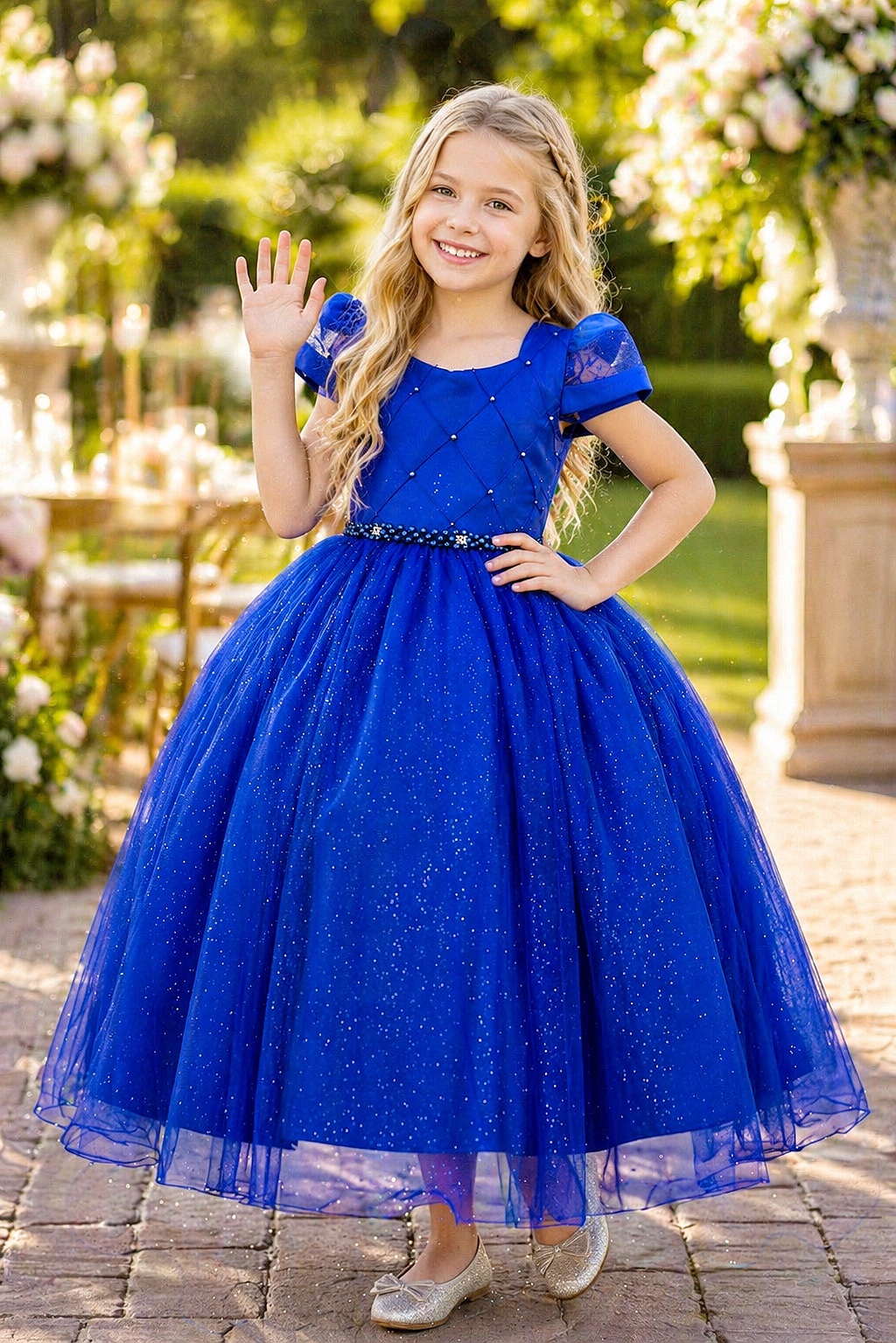 Vestido Infantil Longo Azul Royal C/ Busto Nervura Damas