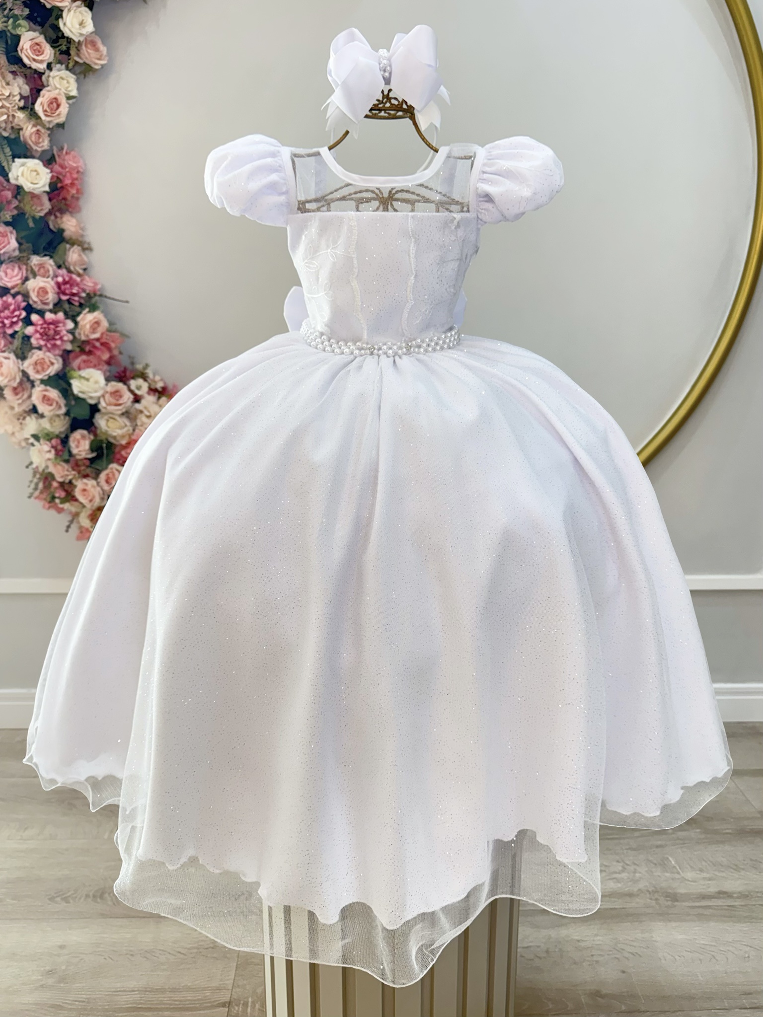Vestido Infantil Longo Branco Busto Renda e Bordado Damas Luxo