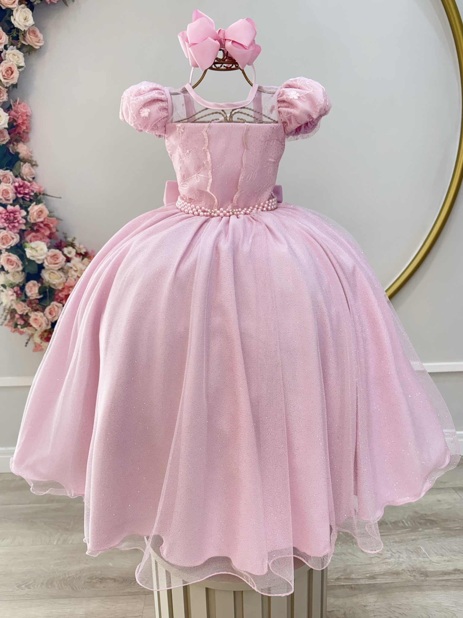 Vestido Infantil Longo Rosa Busto Renda e Bordado Damas Luxo