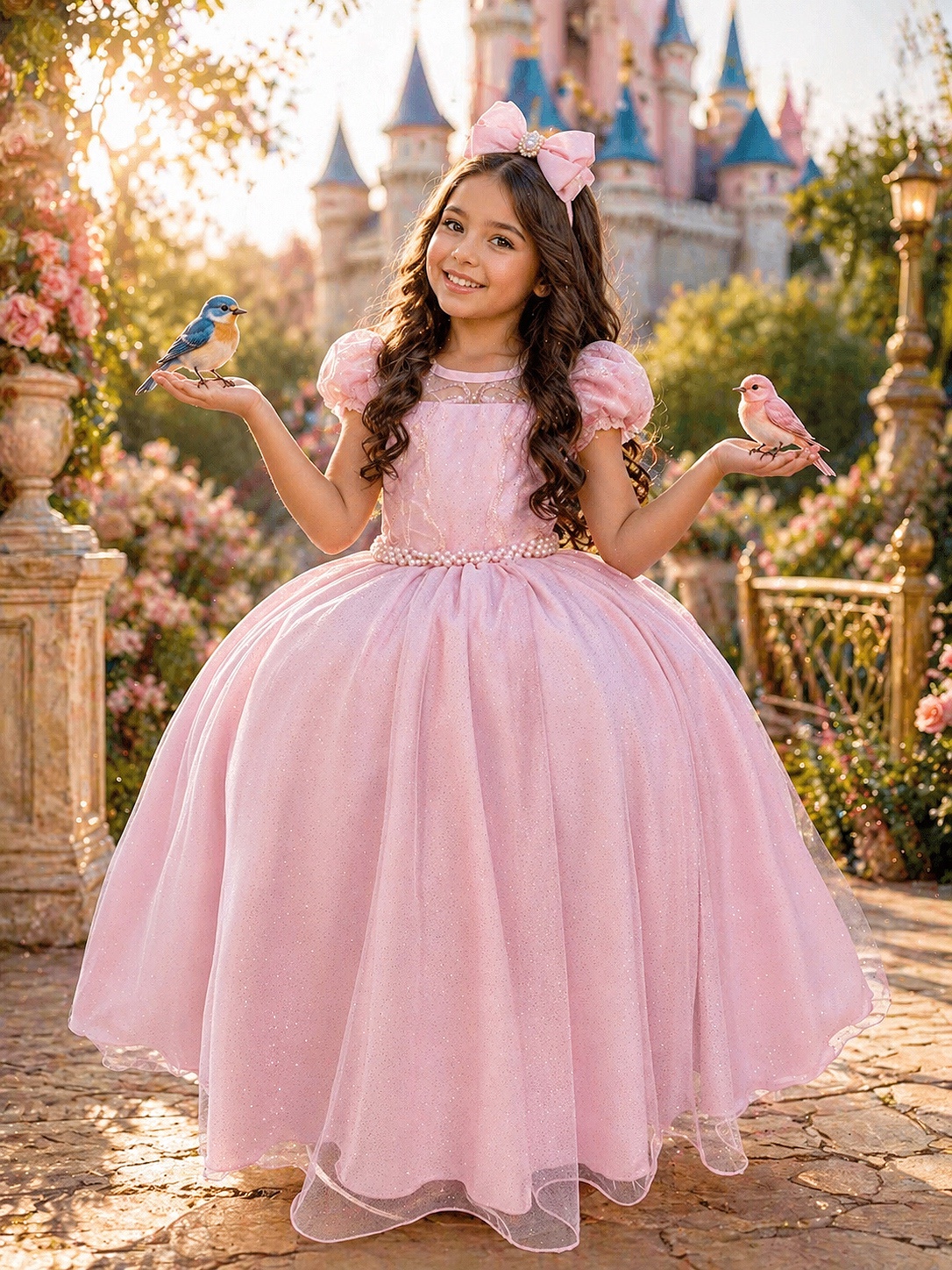 Vestido Infantil Longo Rosa Busto Renda e Bordado Damas Luxo