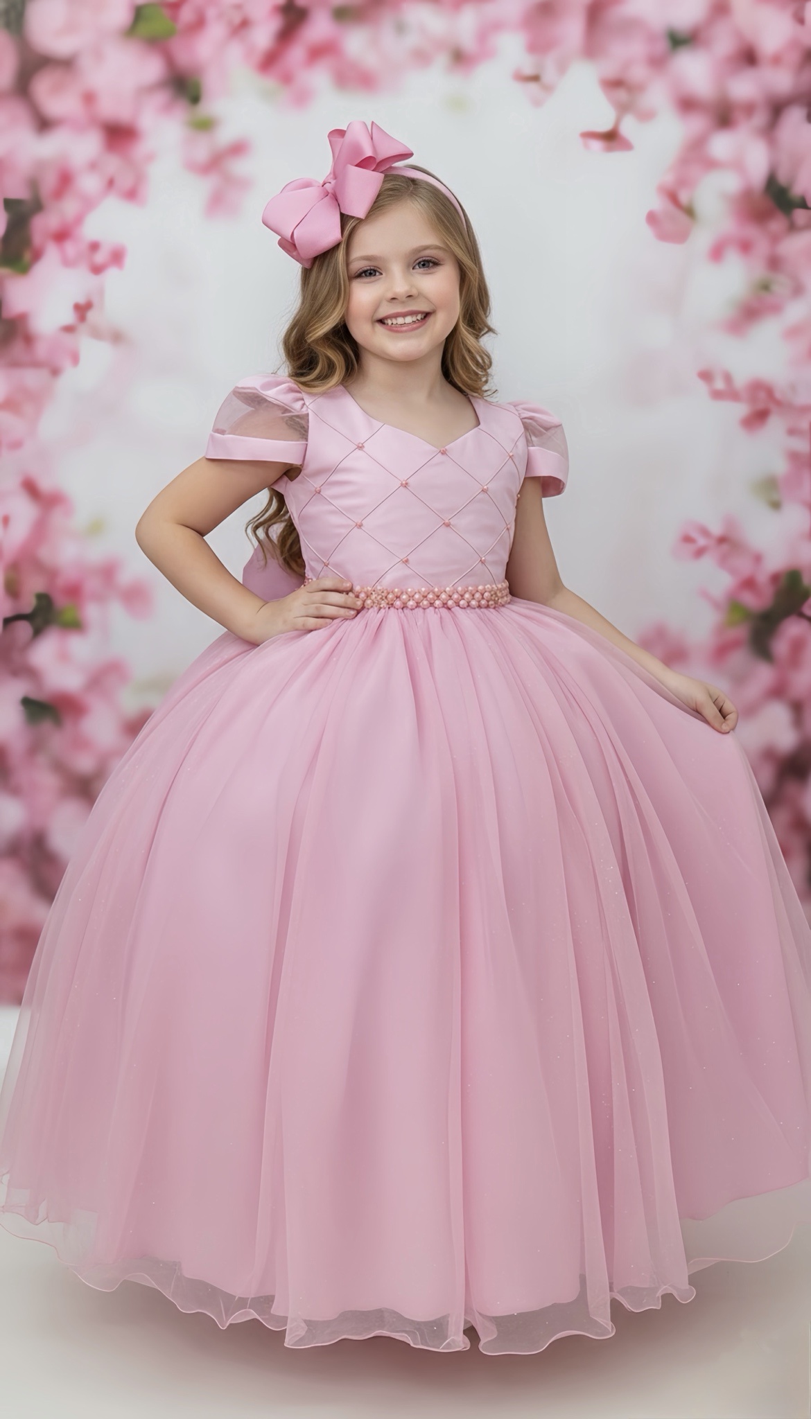 Vestido Infantil Longo Rose Busto Nervura Pérolas Damas Luxo