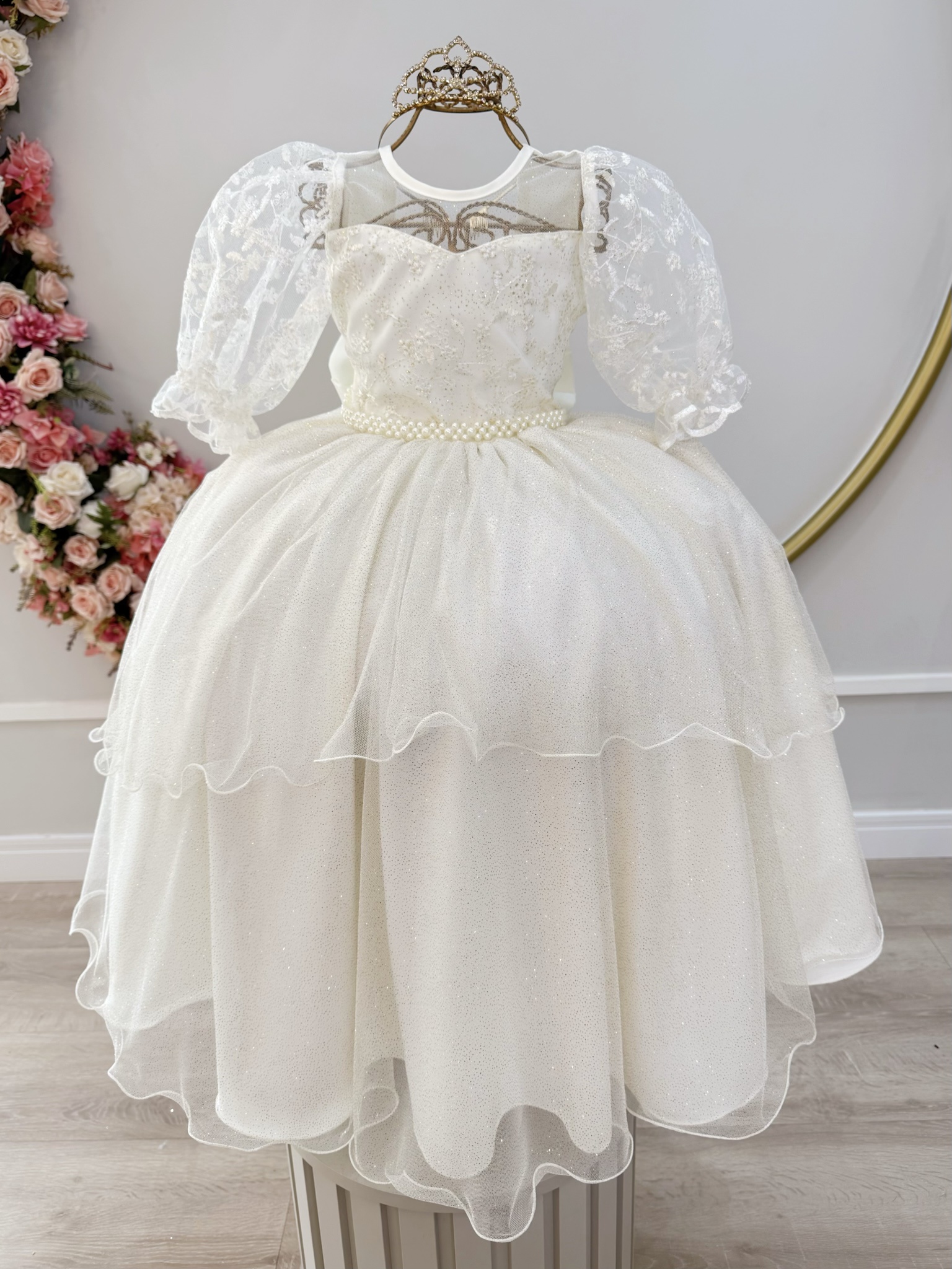Vestido Infantil Off White Busto C/ Renda Daminhas Festas Luxo