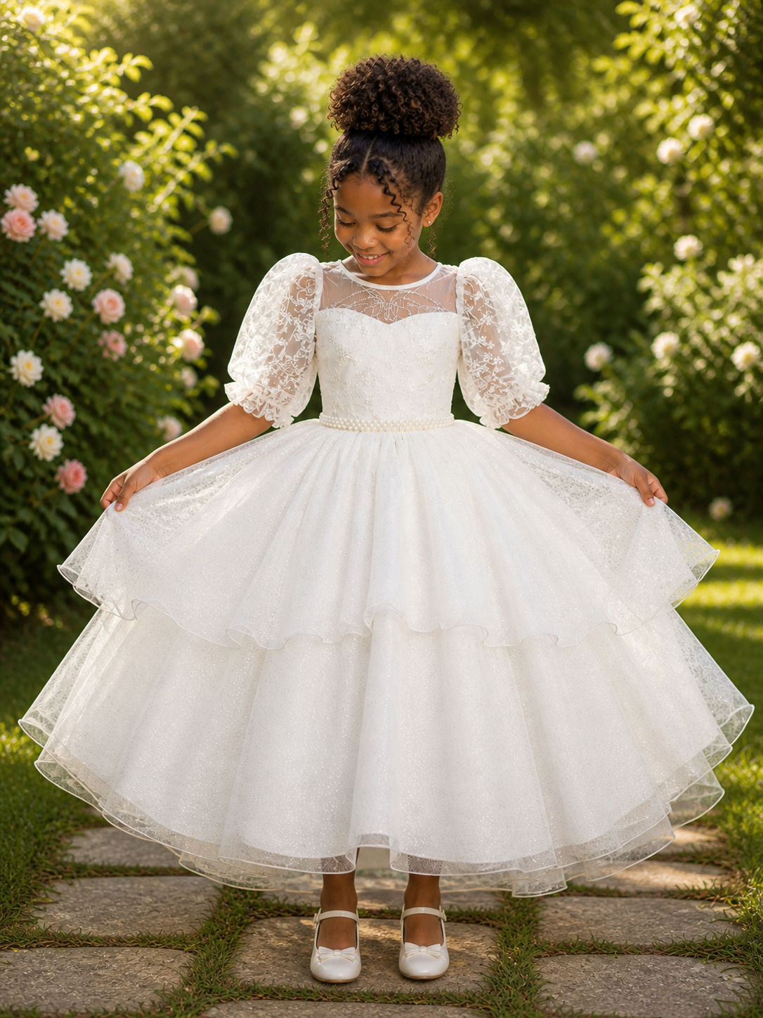 Vestido Infantil Off White Busto C/ Renda Daminhas Festas Luxo