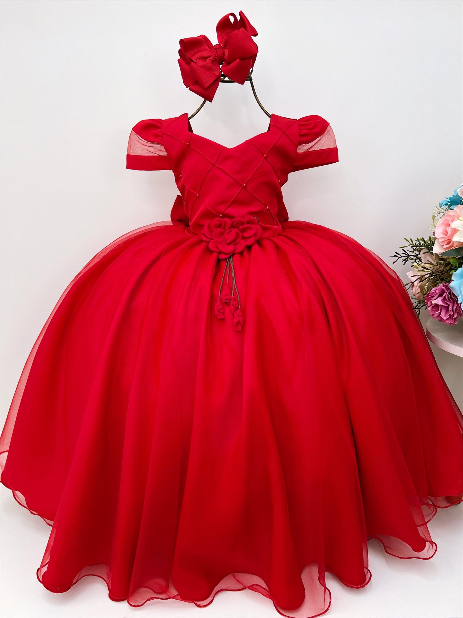 Vestido Infantil Vermelho Peito Nervura Broche Flor Luxo