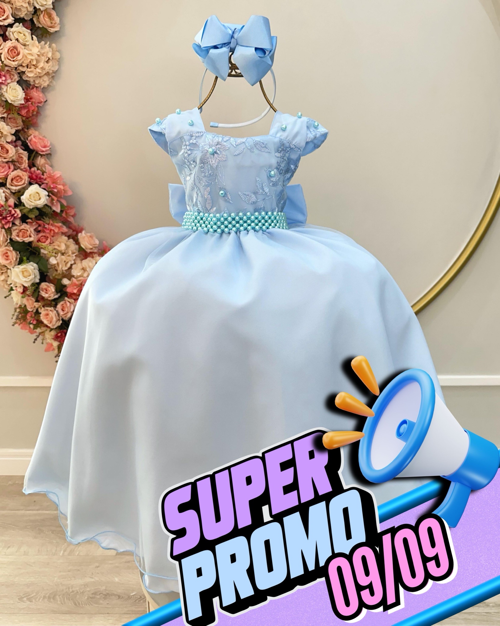 Vestido Infantil Azul Bebê Saia Com Tule e Busto Bordado