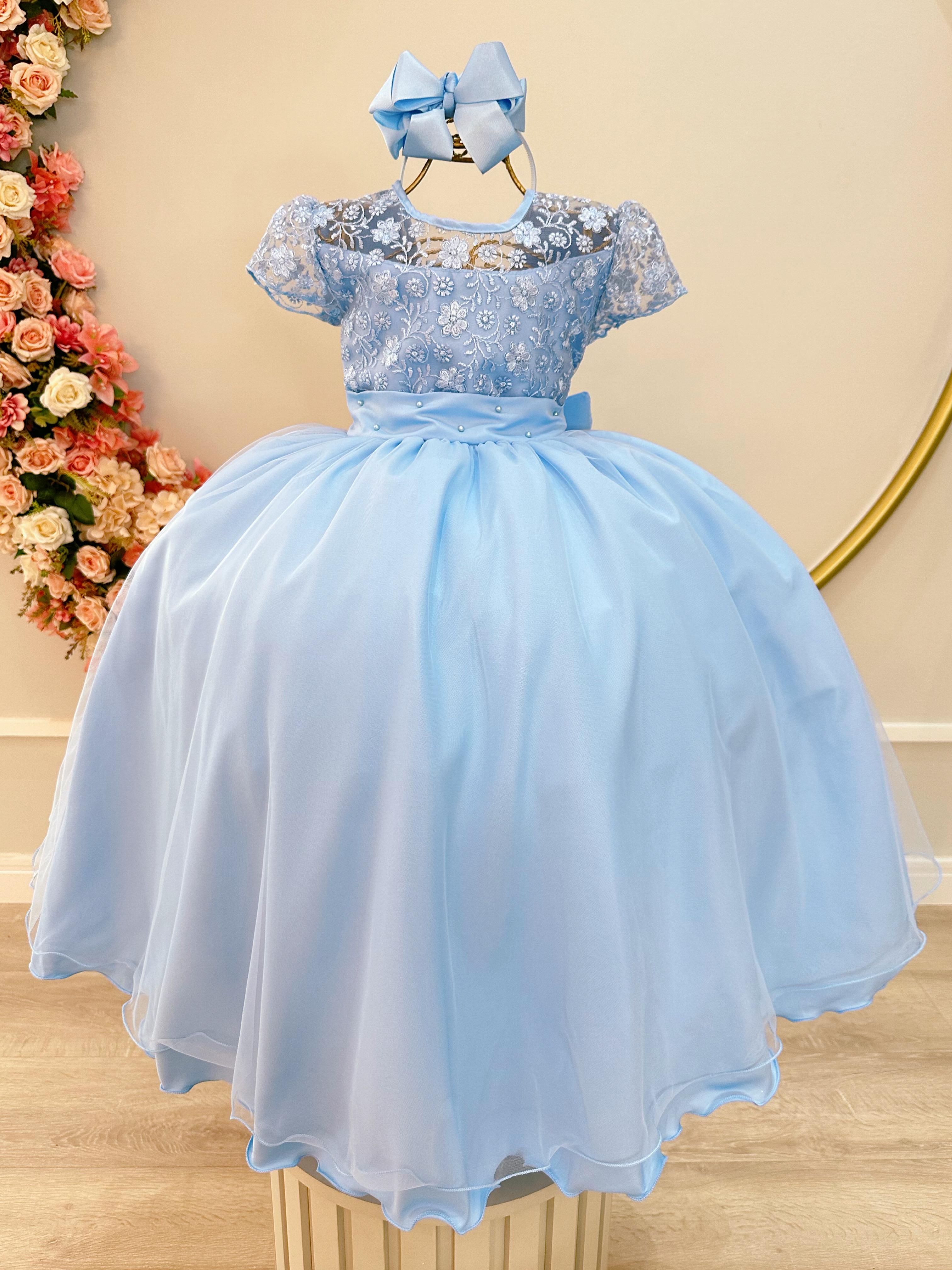 Vestido Infantil Azul Busto C/ Renda Damas Longo Luxo