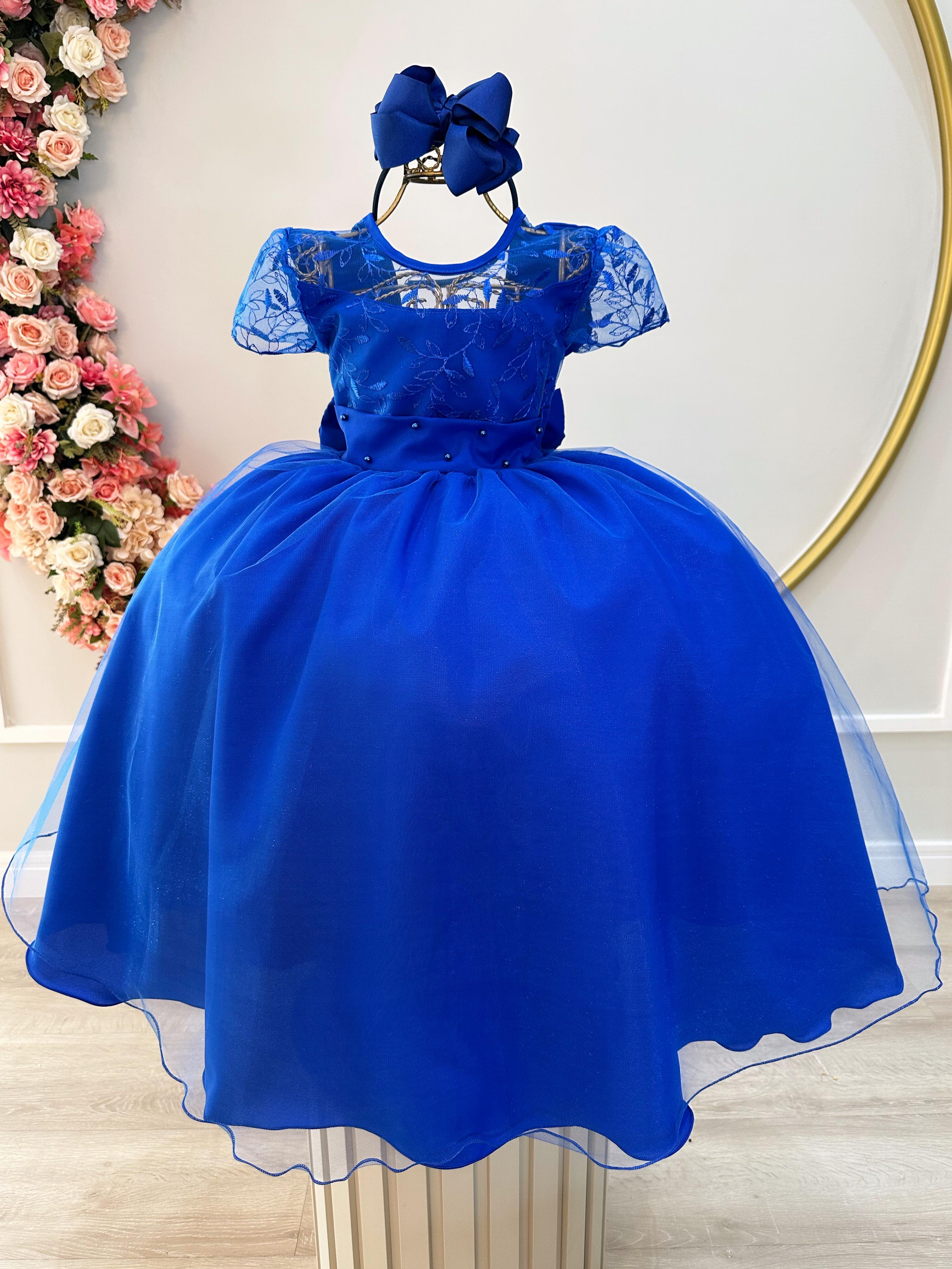 Vestido Infantil Azul Royal Busto C/ Renda Damas Longo Luxo