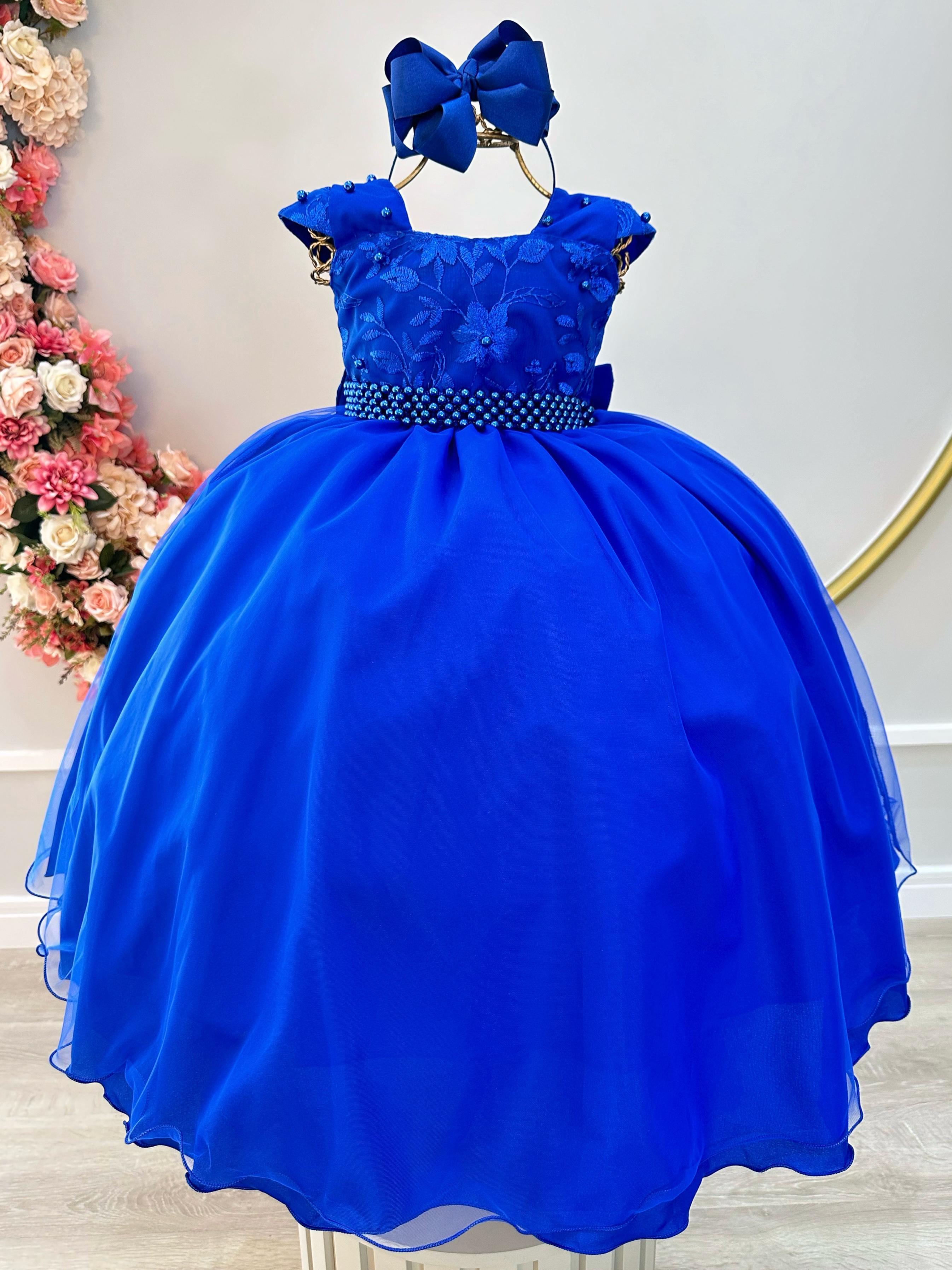 Vestido Infantil Azul Royal Saia C/ Tule e Busto Bordado