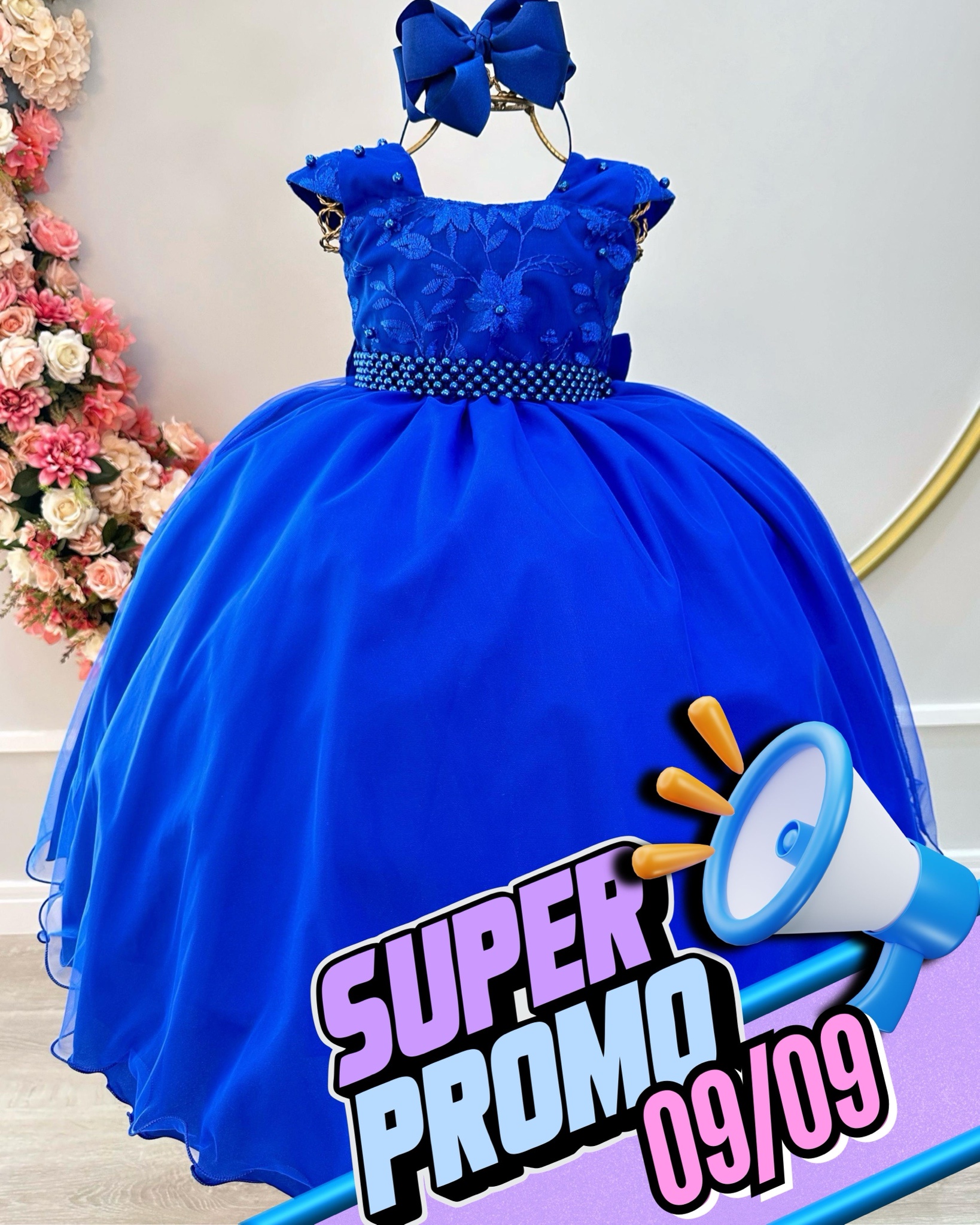 Vestido Infantil Azul Royal Saia C/ Tule e Busto Bordado
