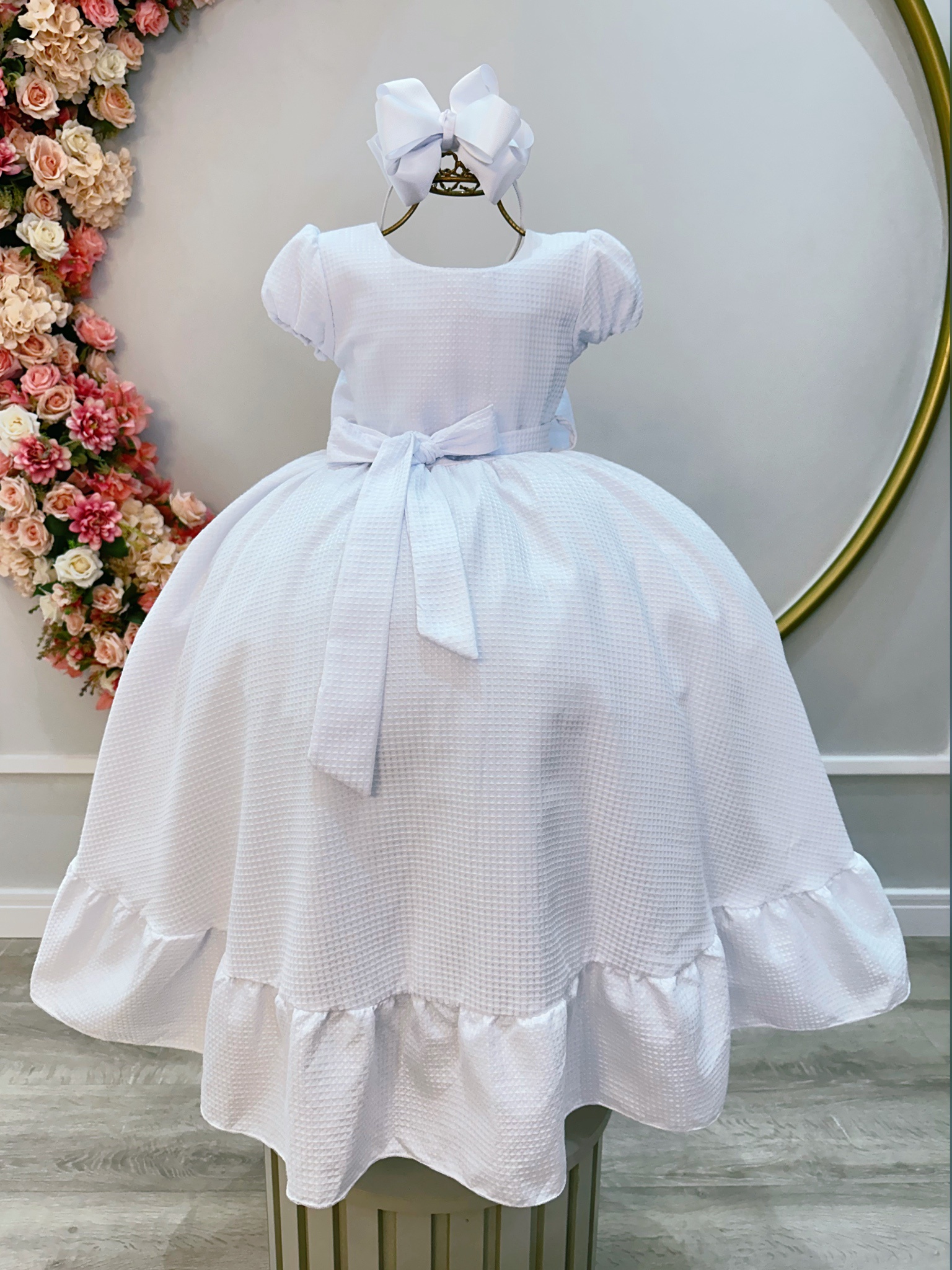 Vestido Infantil Branco Maquinetado Luxo Damas Longo