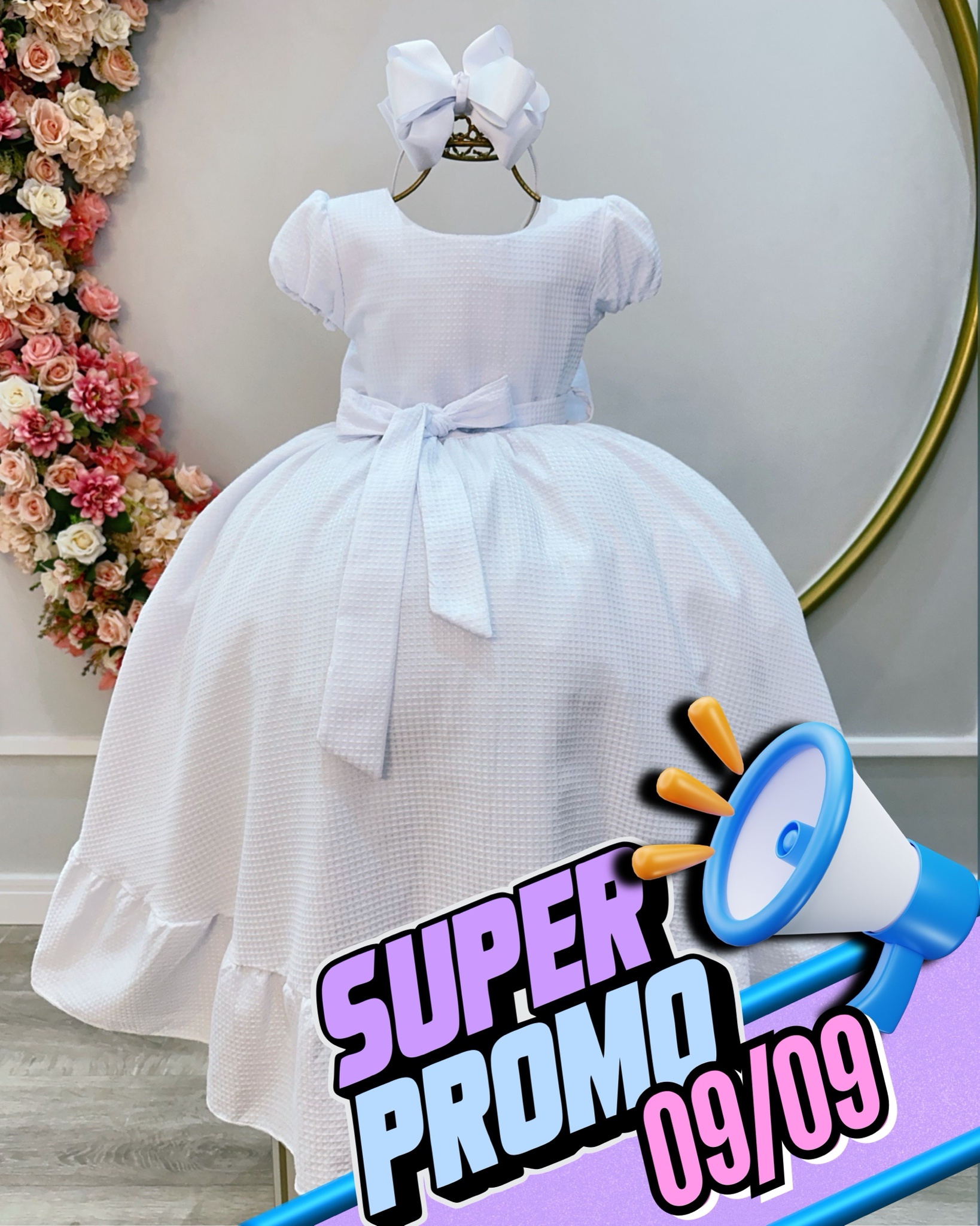 Vestido Infantil Branco Maquinetado Luxo Damas Longo