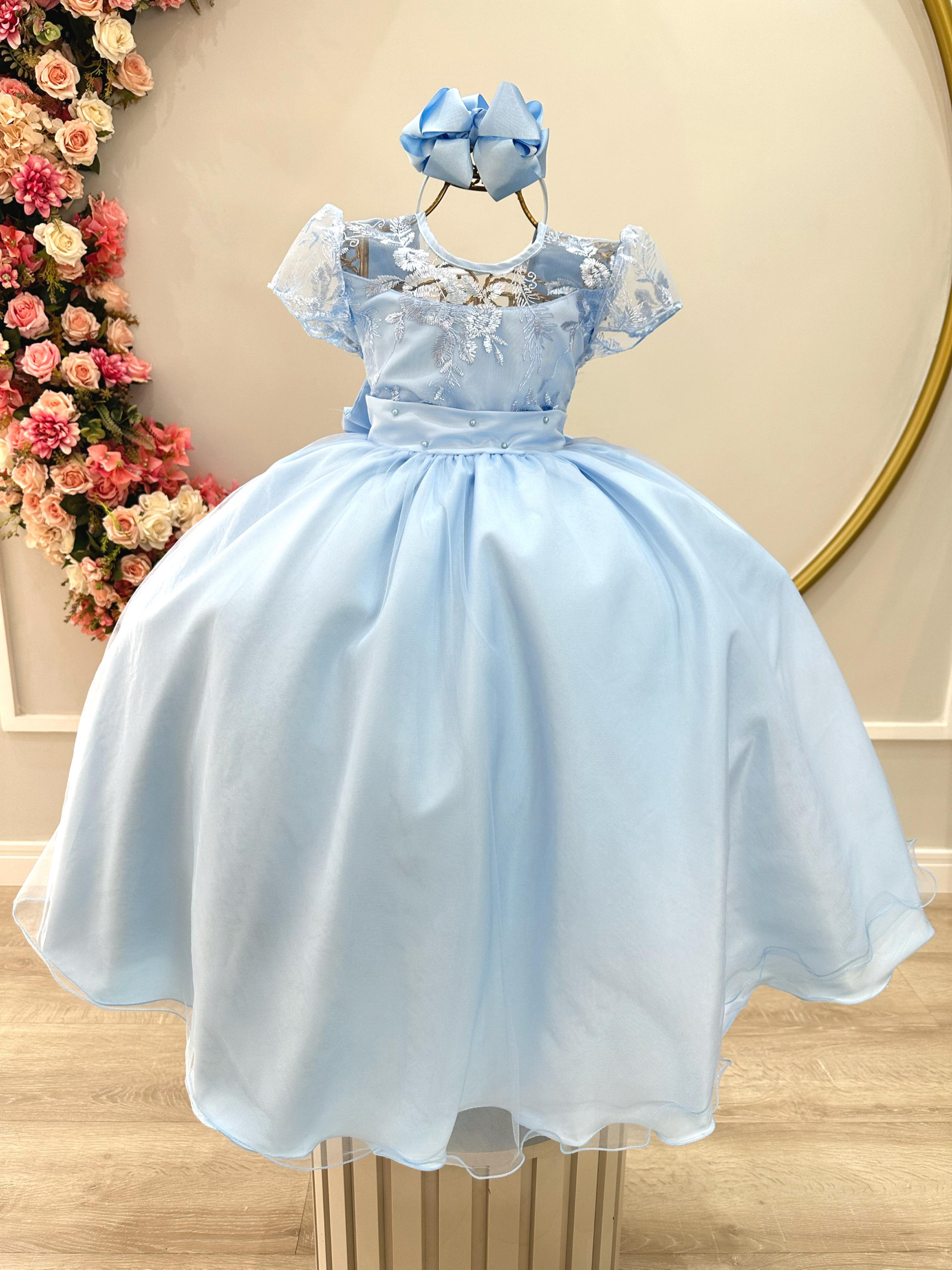 Vestido Infantil Longo Azul Claro Busto C/ Renda Luxo Damas