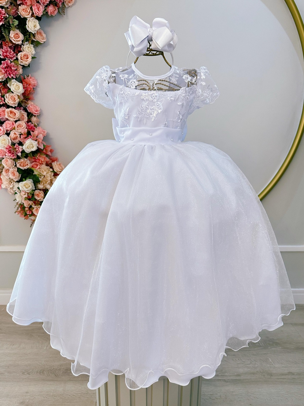 Vestido Infantil Longo Branco Busto C/ Renda Luxo Damas