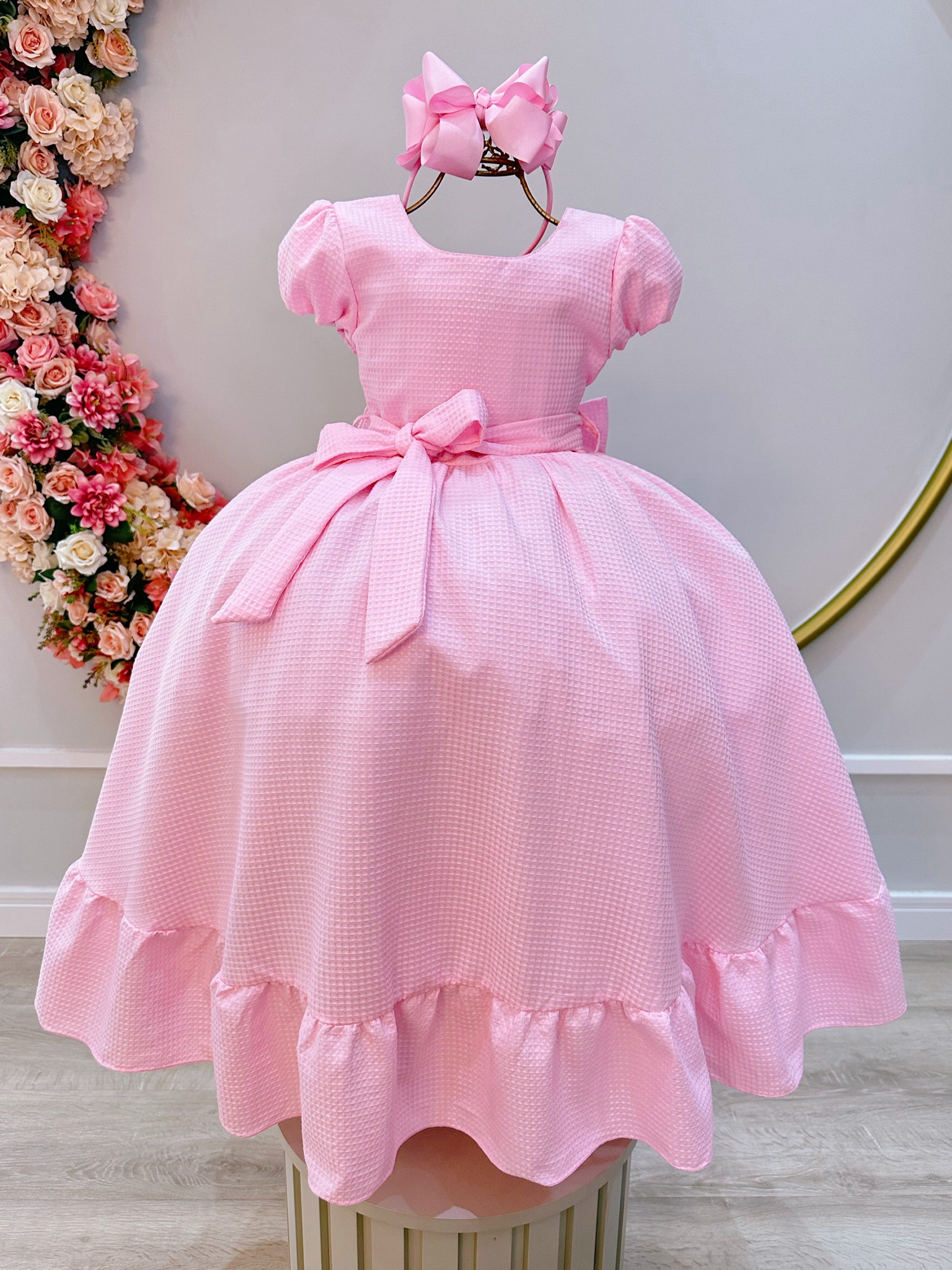 Vestido Infantil Rosa Bebê Maquinetado Luxo Damas Longo