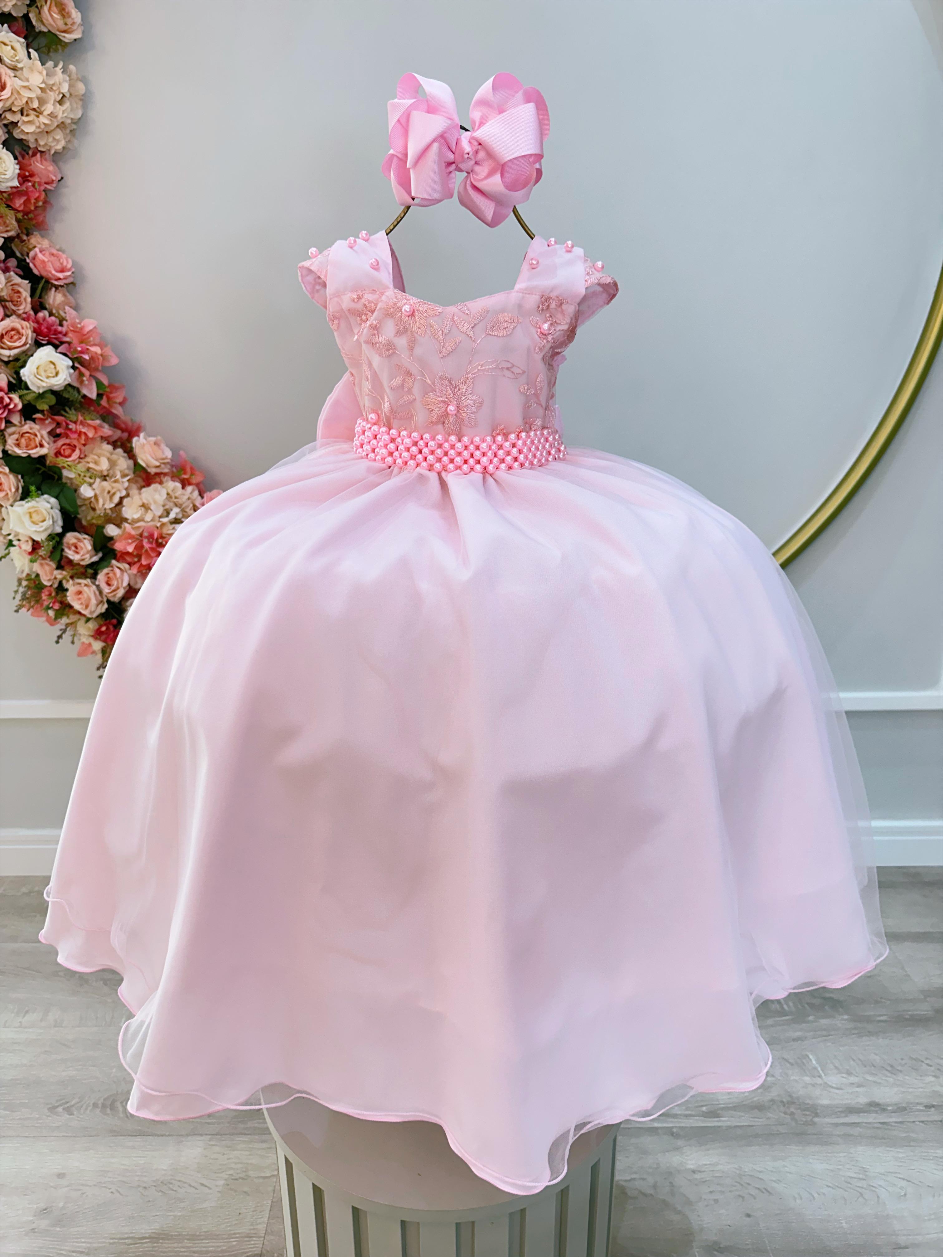 Vestido Infantil Rosa Bebê Saia C/ Tule e Busto Bordado