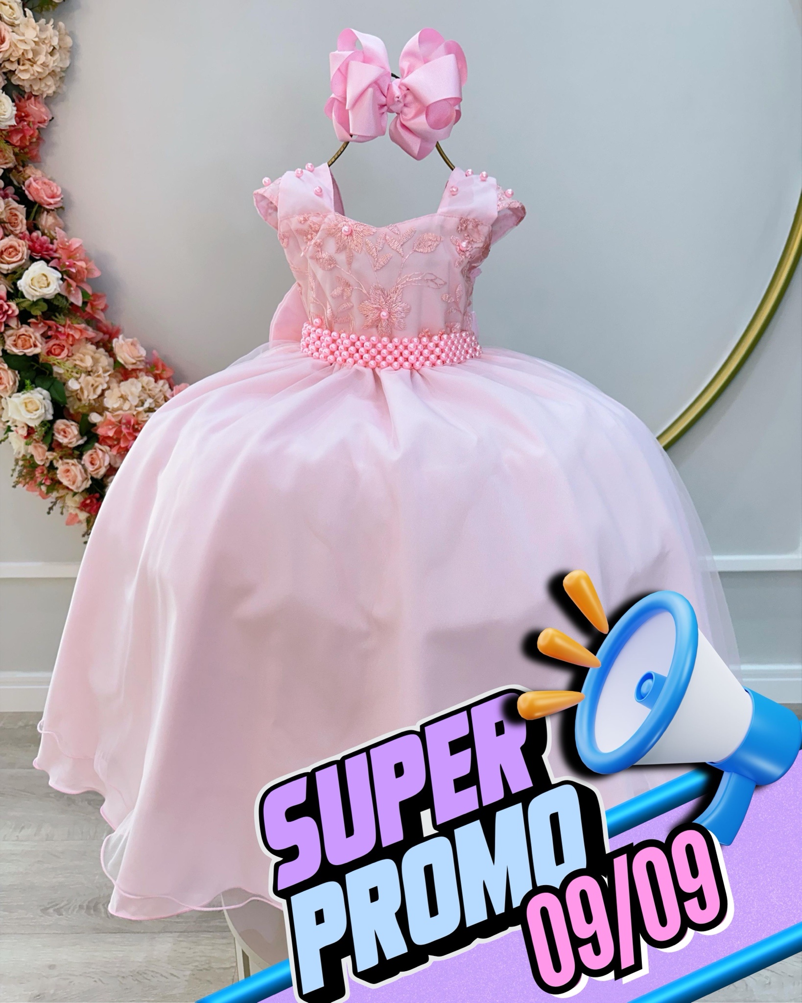 Vestido Infantil Rosa Bebê Saia C/ Tule e Busto Bordado
