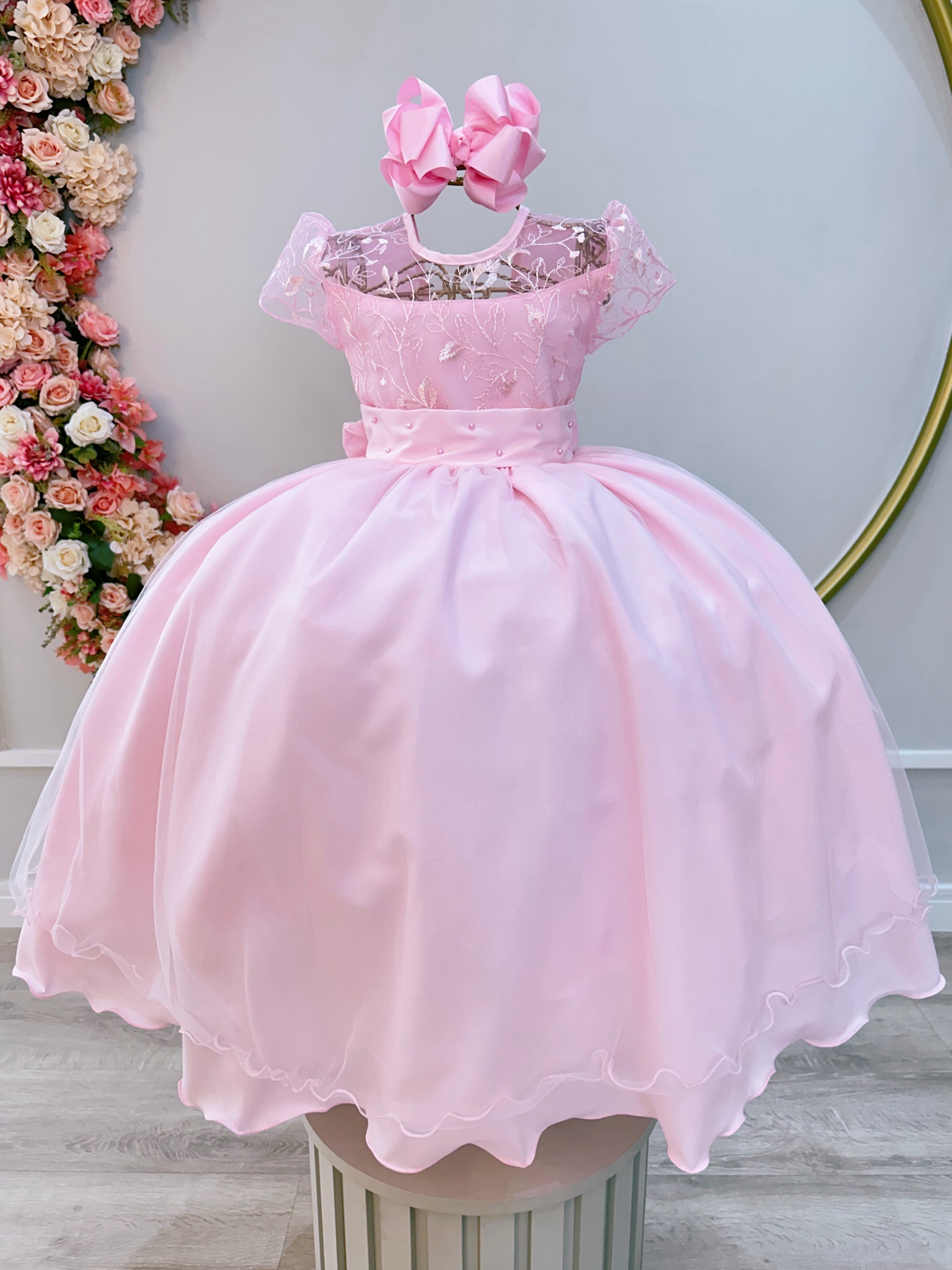 Vestido Infantil Rosa Claro Busto C/ Renda Damas Longo Luxo