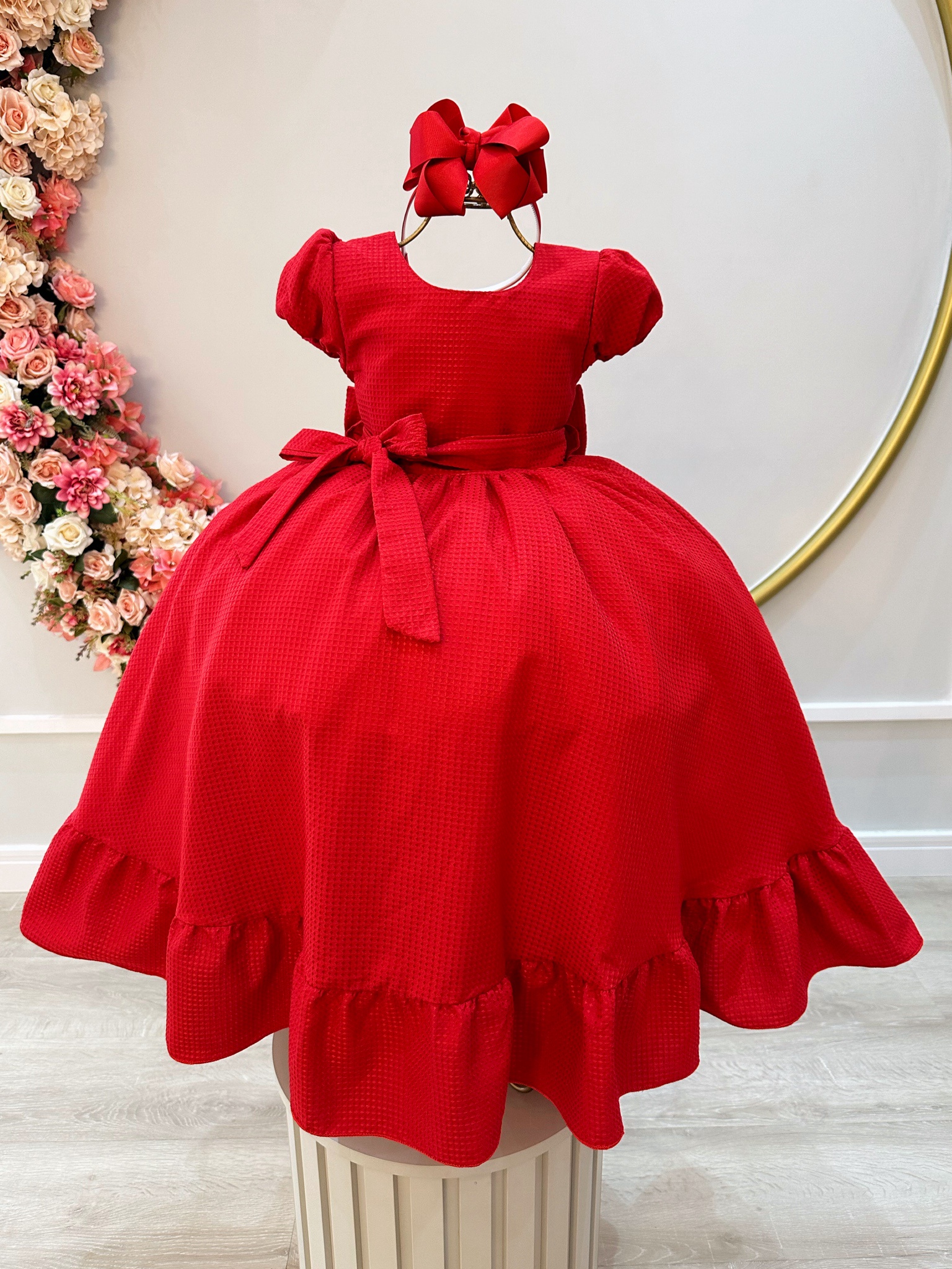 Vestido Infantil Vermelho Maquinetado Luxo Damas Longo