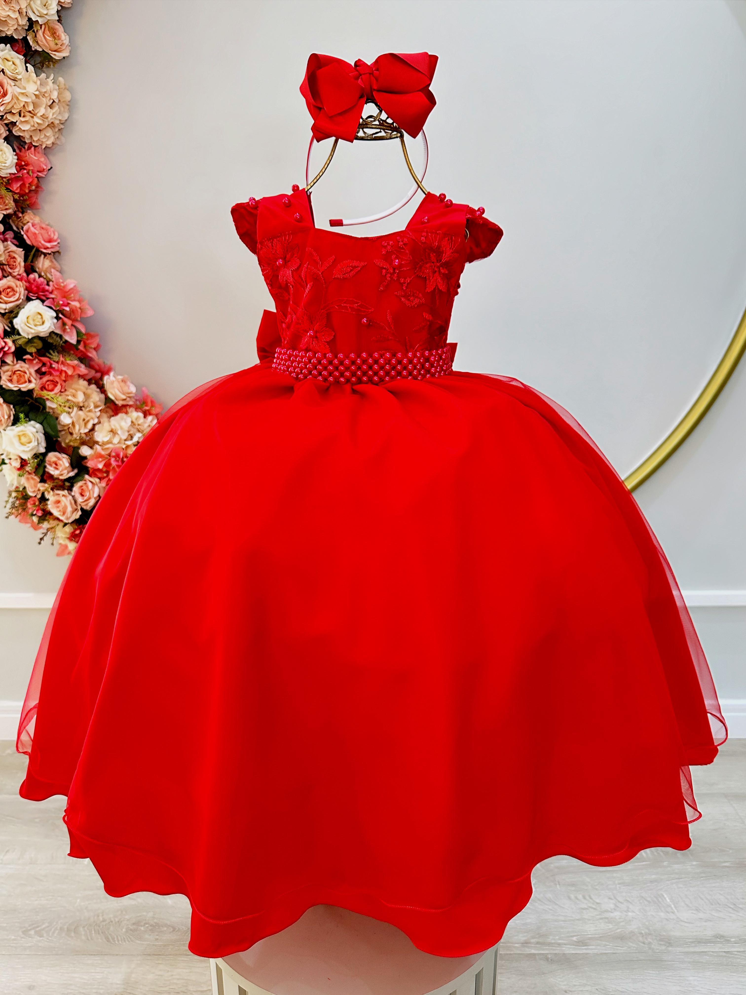 Vestido Infantil Vermelho Saia C/ Tule e Busto Bordado