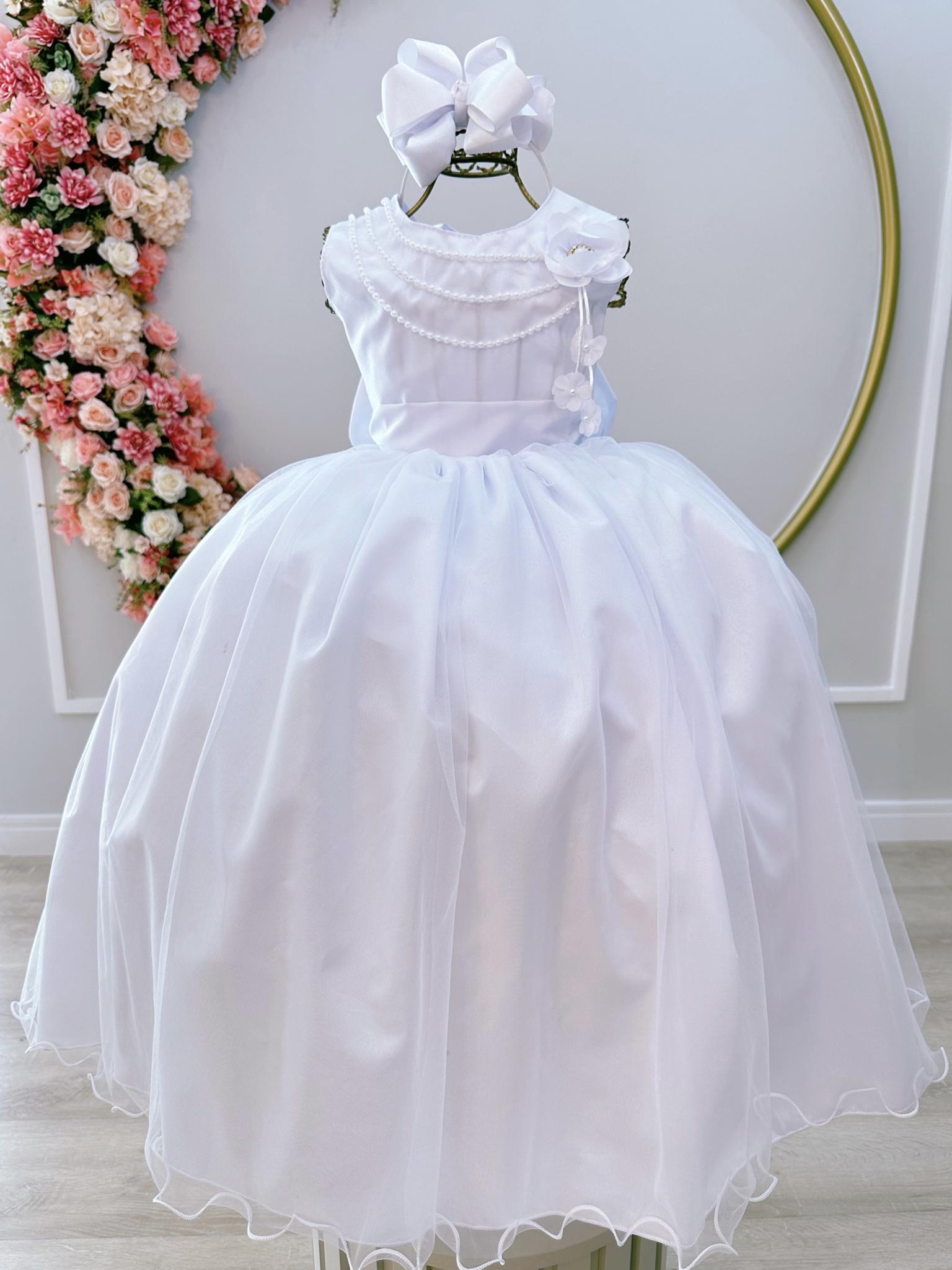 Vestido Infantil Branco Damas de Honra Casamentos C/ Broche