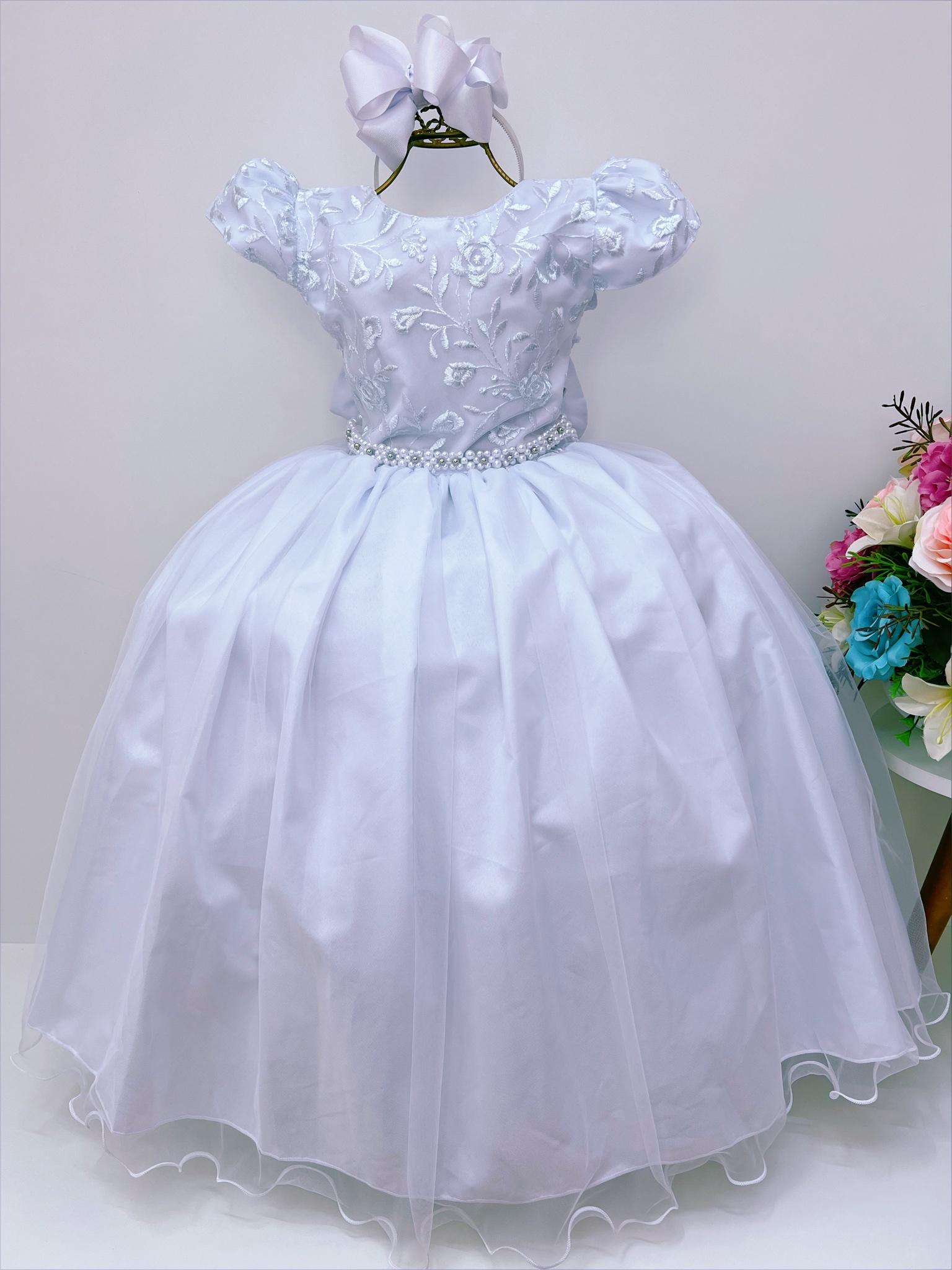 Vestido Infantil Branco Renda Damas Honra Casamentos Pérolas