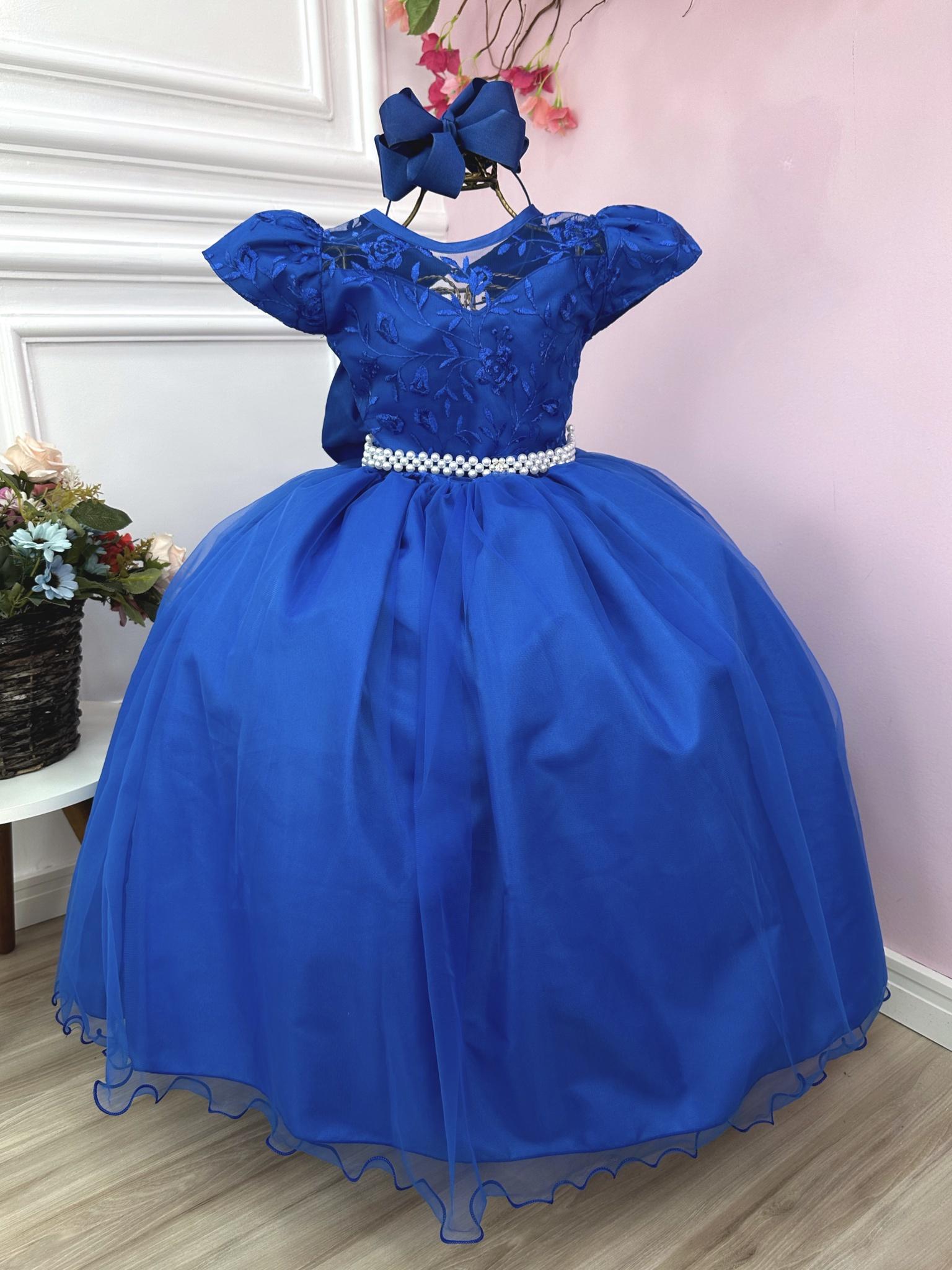 Vestido Infantil Dama Honra Azul Royal Casamento Renda