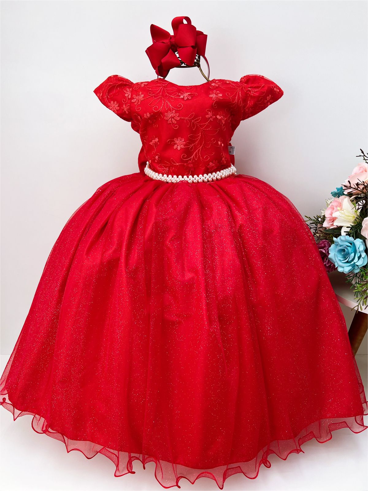 Vestido Infantil Dama Honra Vermelho Casamentos Renda Pérola