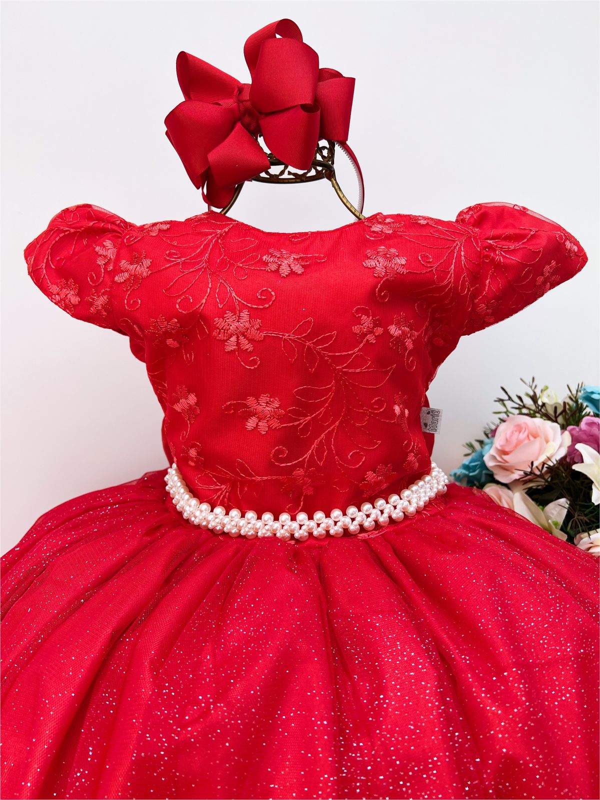 Vestido Infantil Dama Honra Vermelho Casamentos Renda Pérola - Rosa  Charmosa Atacado