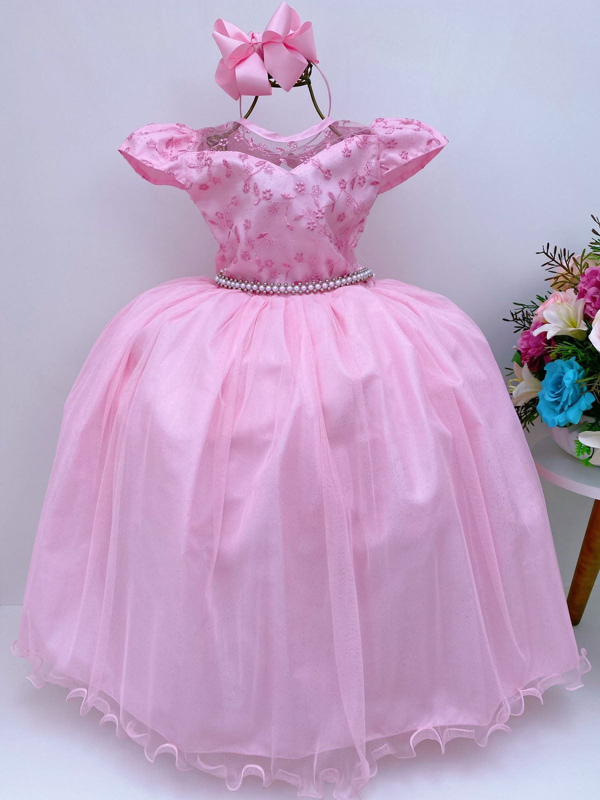 Vestido Infantil Dama Rosa Renda Tule no Busto Cinto Pérolas Luxo