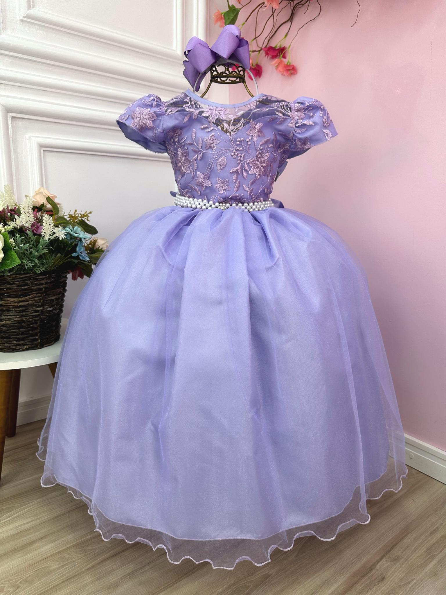 Vestido Infantil Damas Honra Casamento Lilás C/ Renda Pérola