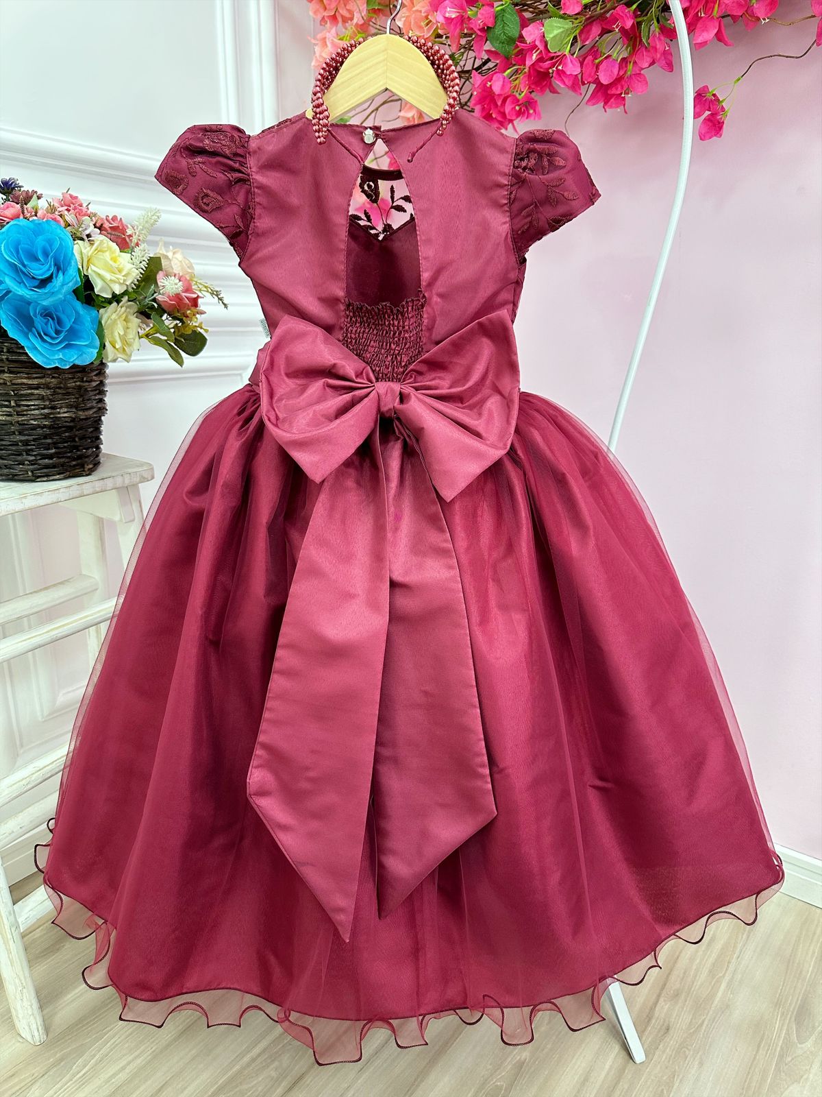 Vestido Infantil Dama Honra Vermelho Casamentos Renda Pérola - Rosa  Charmosa Atacado