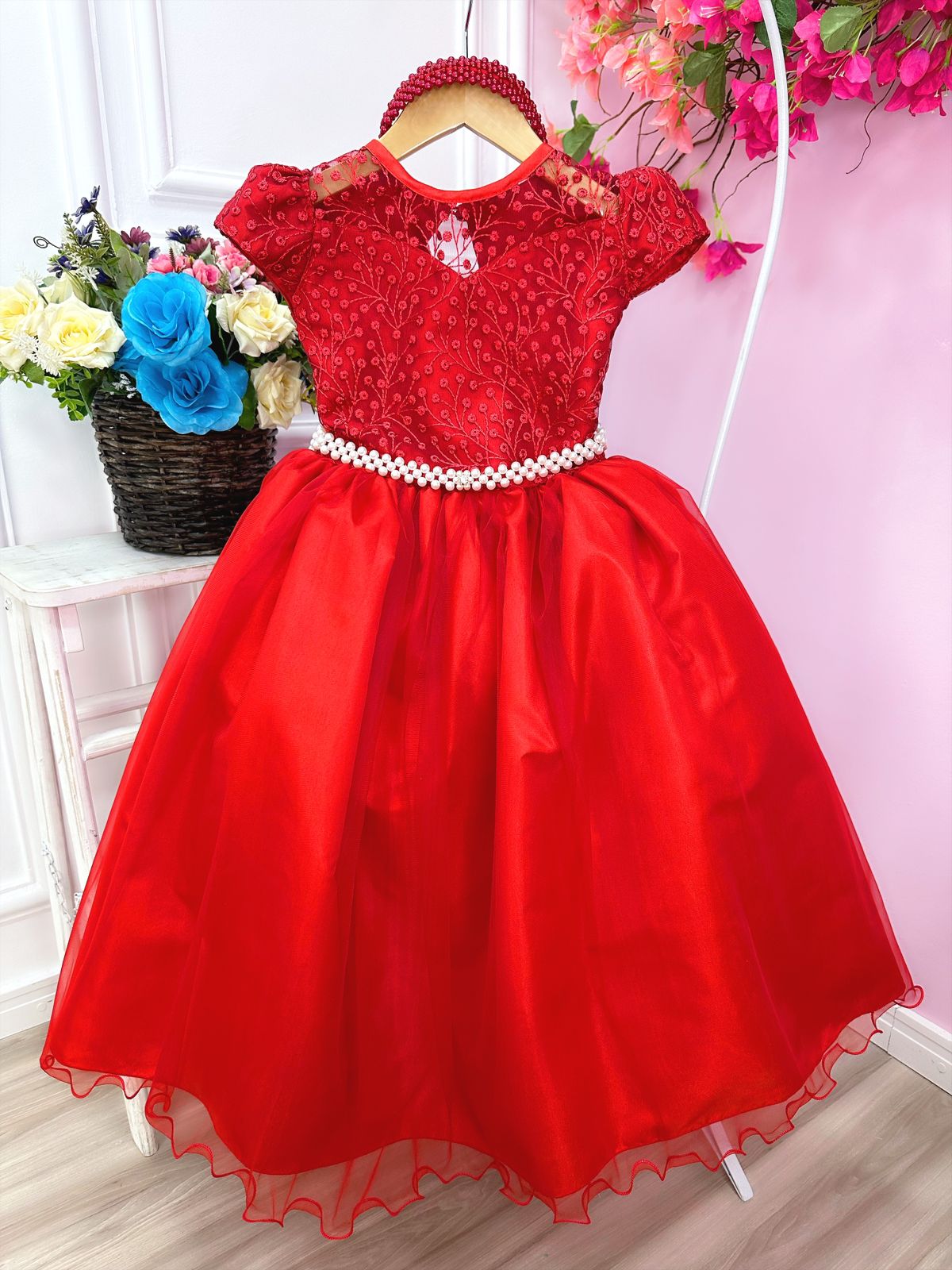 Vestido Infantil Vermelho Renda Realeza e Pérolas - Fabuloso Ateliê