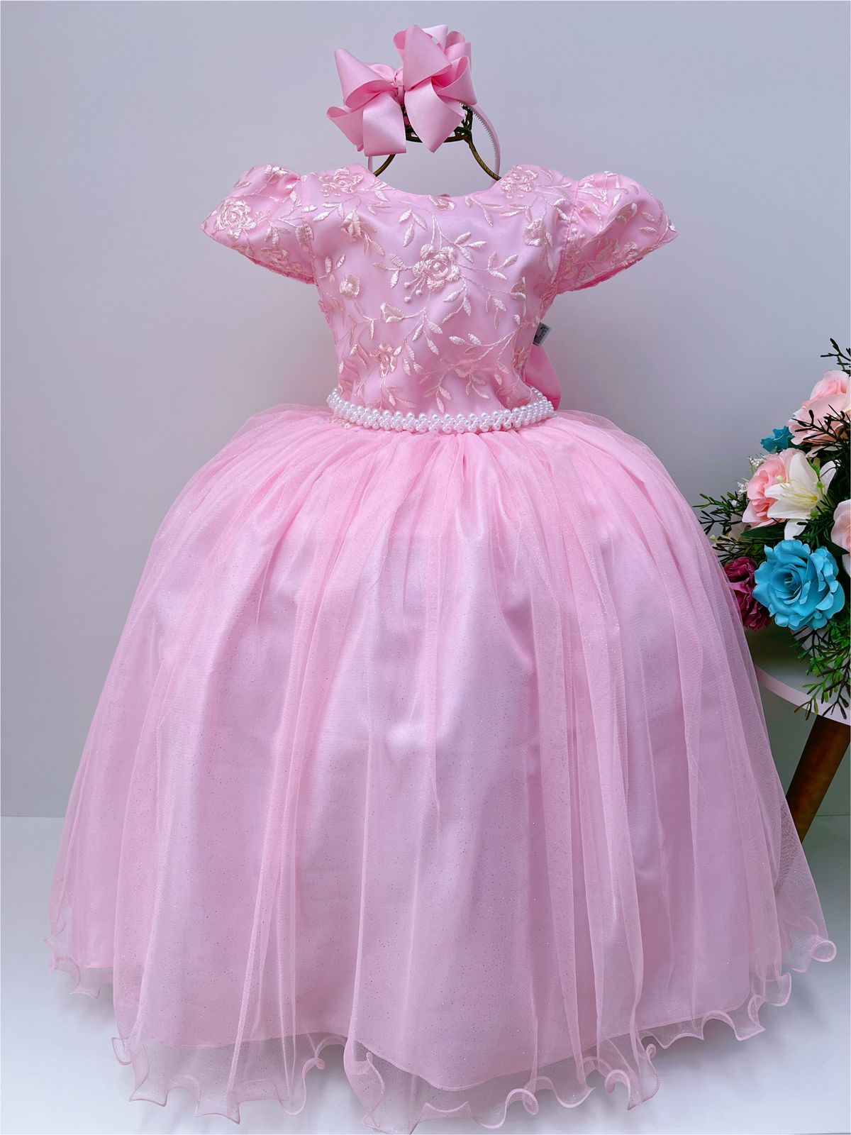 Vestido Infantil Damas Honra Rosa Casamentos Renda Pérolas