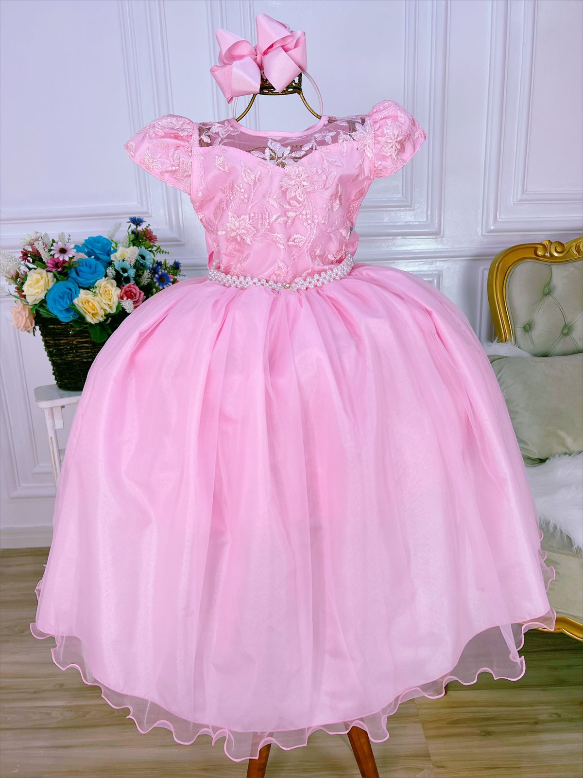 Vestido Infantil Rosa Damas Honra Casamento C/ Renda Pérolas