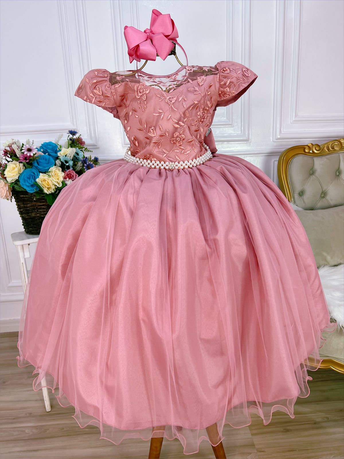 Vestido Infantil Rose Damas Honra Casamento C/ Renda Pérolas