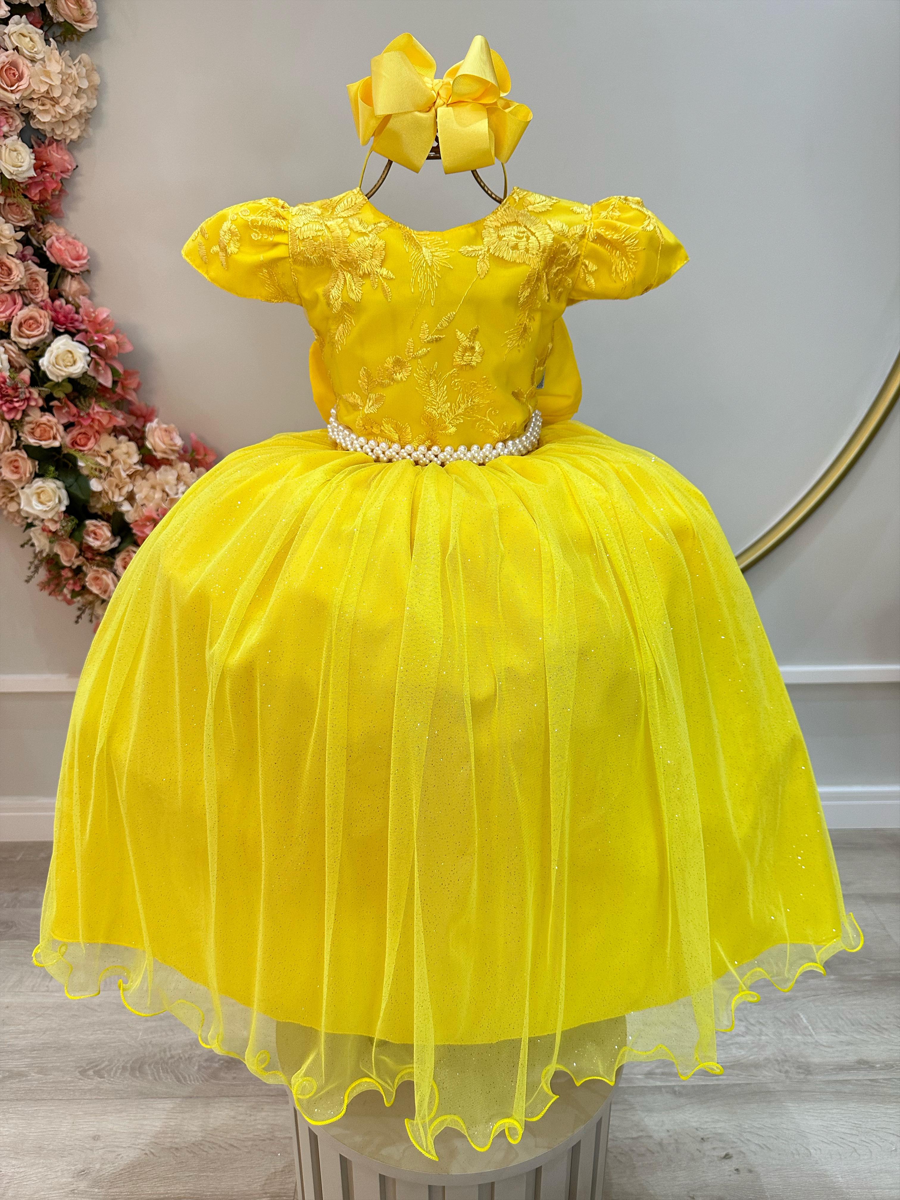 Vestido Infantil Amarelo C/ Renda Daminhas de Honra Longo