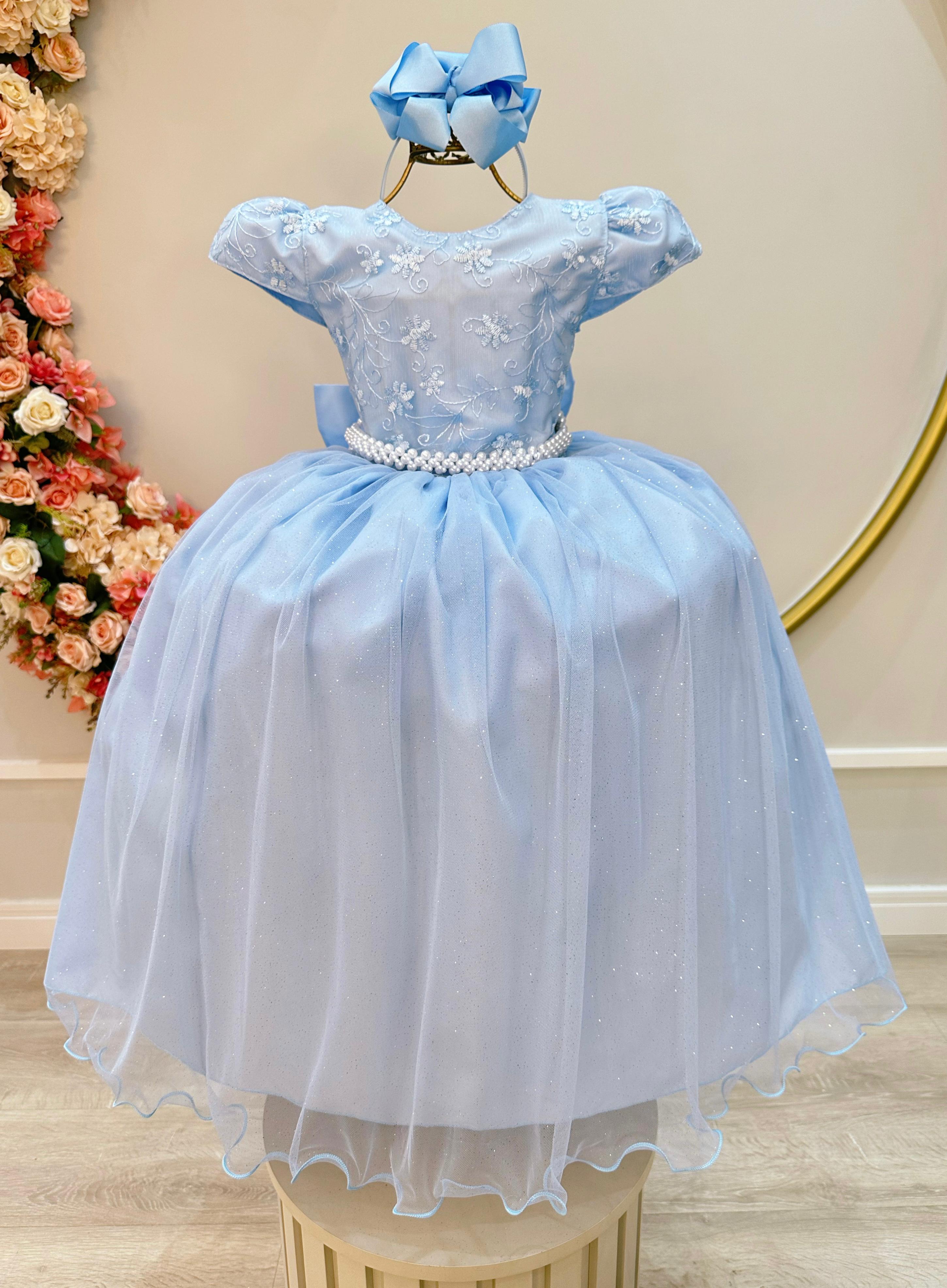 Vestido Infantil Azul Claro C/ Renda Daminhas de Honra Longo