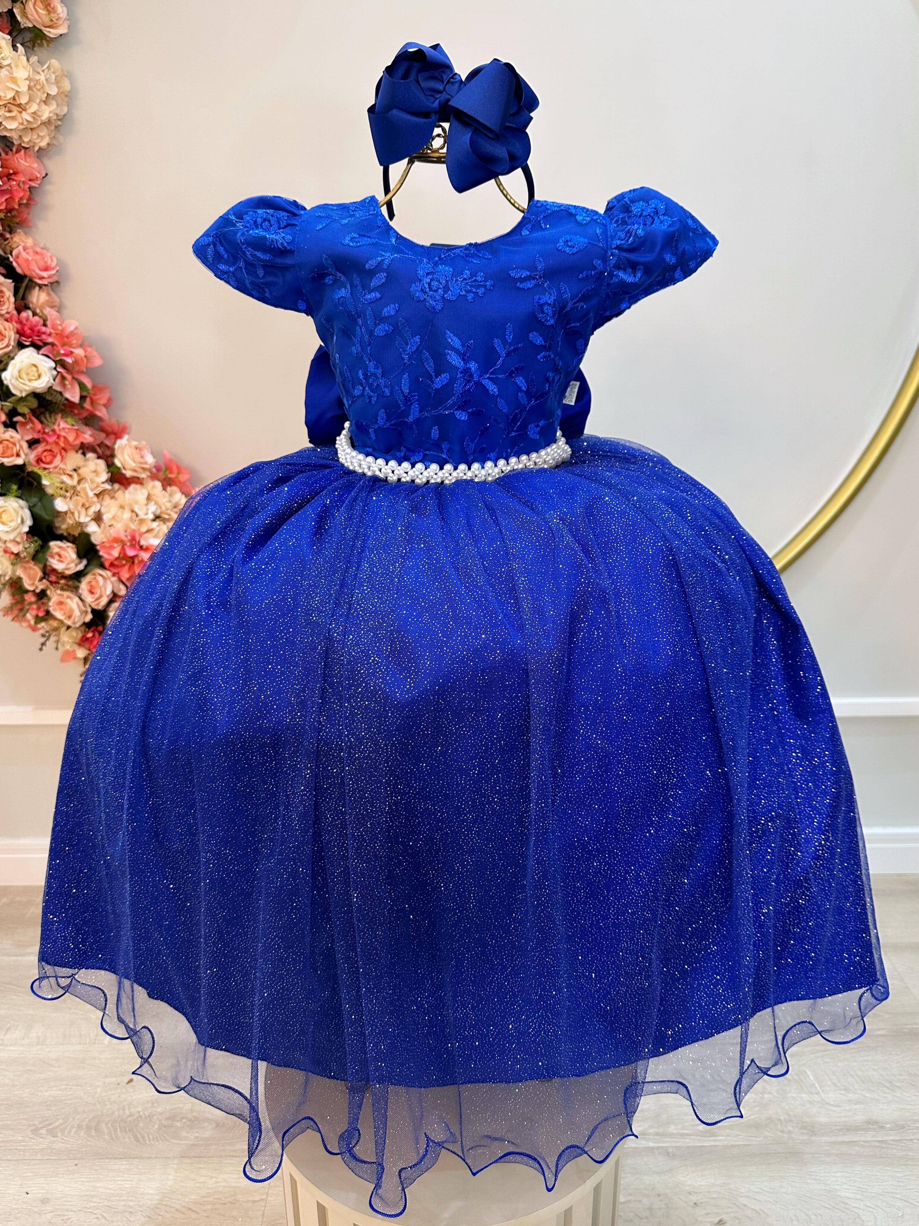 Vestido Infantil Azul Royal C/ Renda Daminhas de Honra Longo