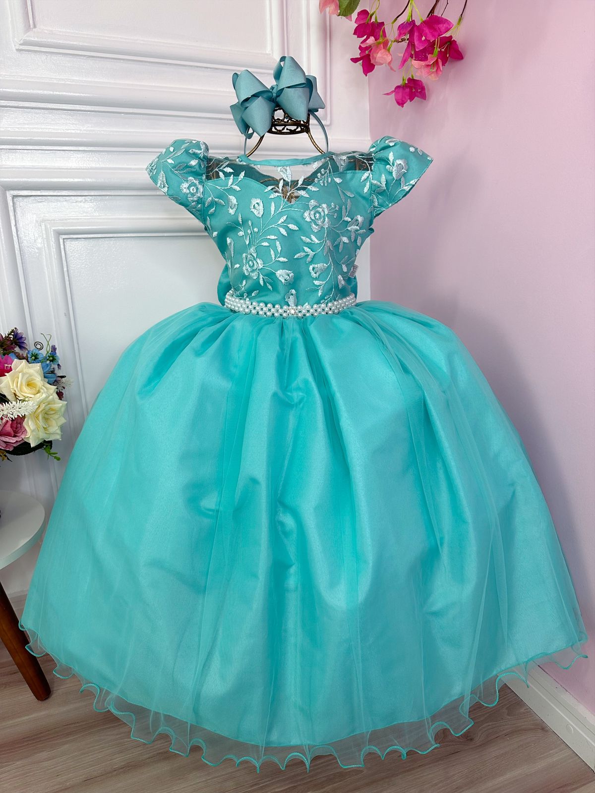 Vestido Infantil Damas Longo, em Tafetá, Renda e Tule