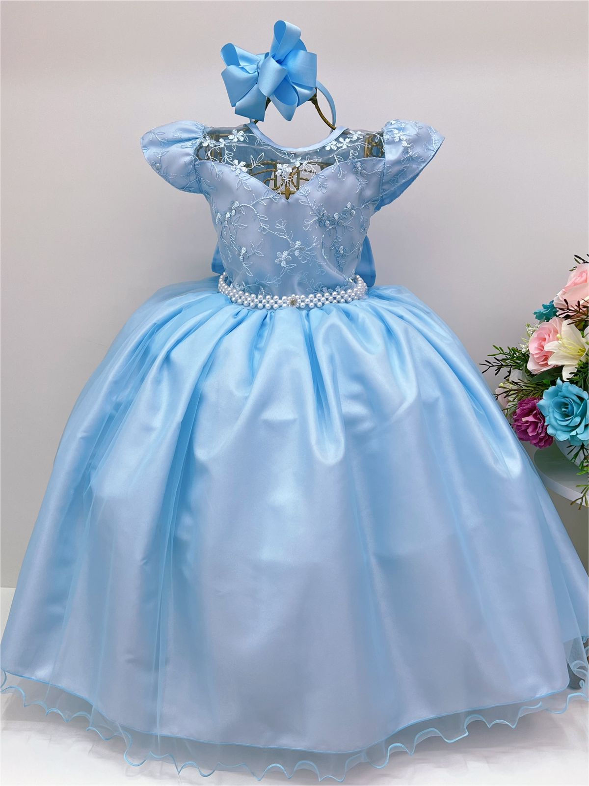 Vestido Infantil Dama Honra Azul Bebê Casamento Renda Pérola