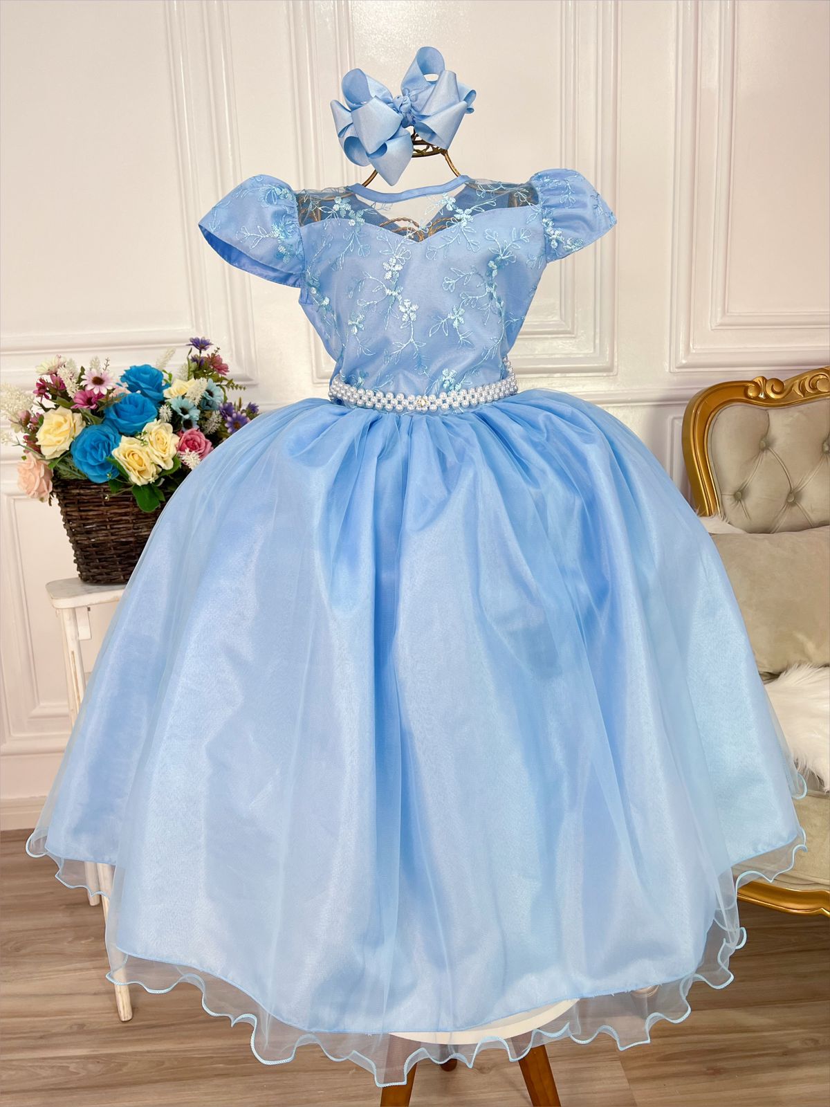Vestido Infantil Dama Honra Azul Casamento Renda C/ Pérola