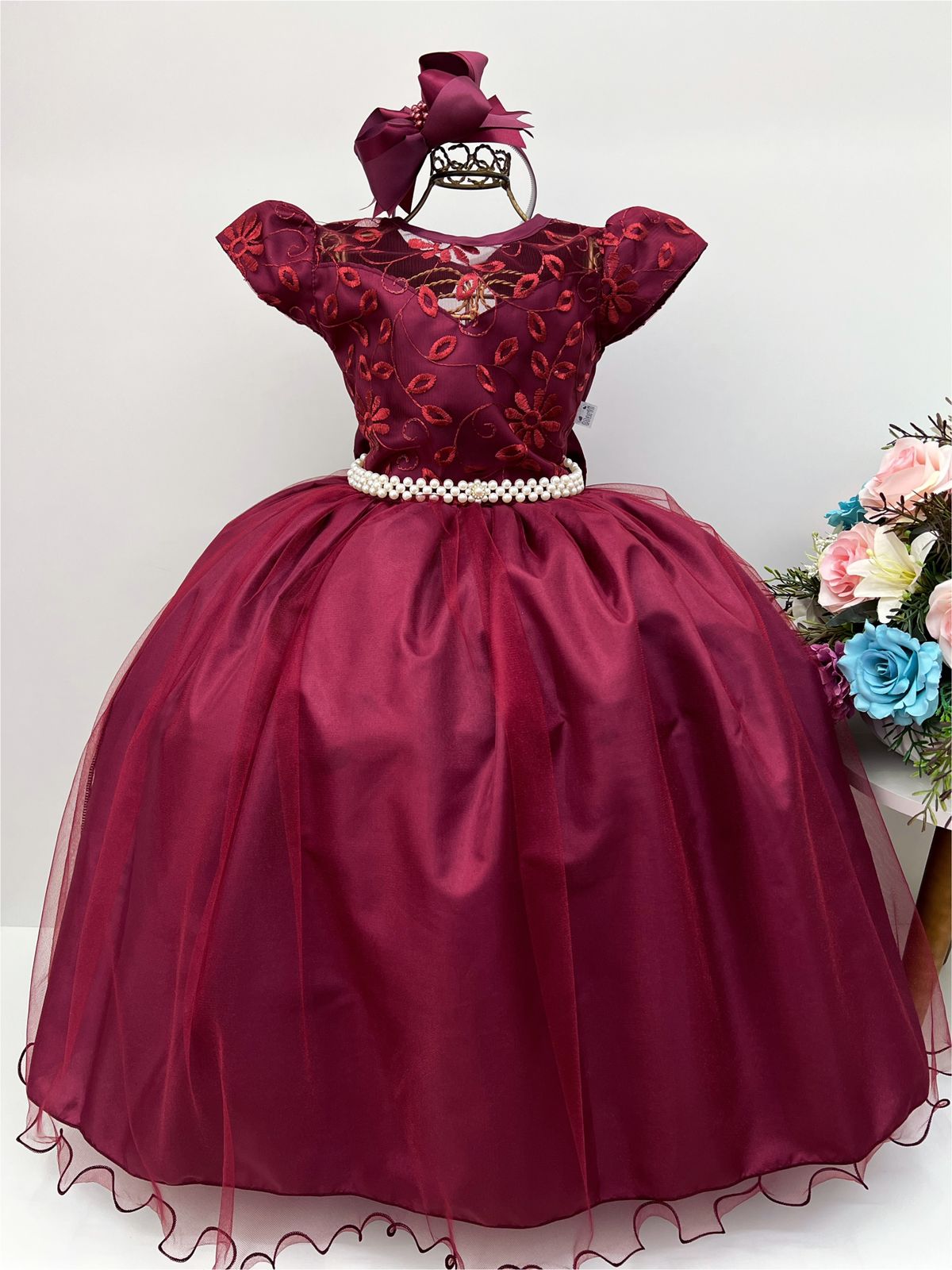 Vestido Infantil Dama Honra Marsala Casamento Renda Pérola