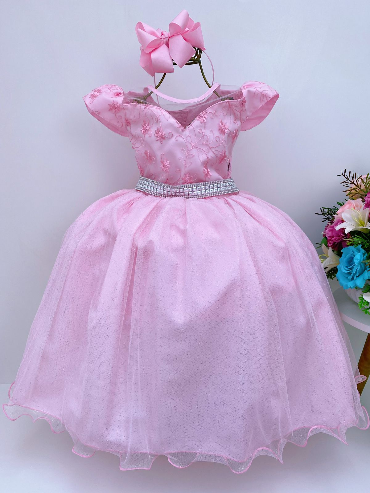 Vestido Infantil Dama Rosa Renda Tule Cinto Strass Luxo